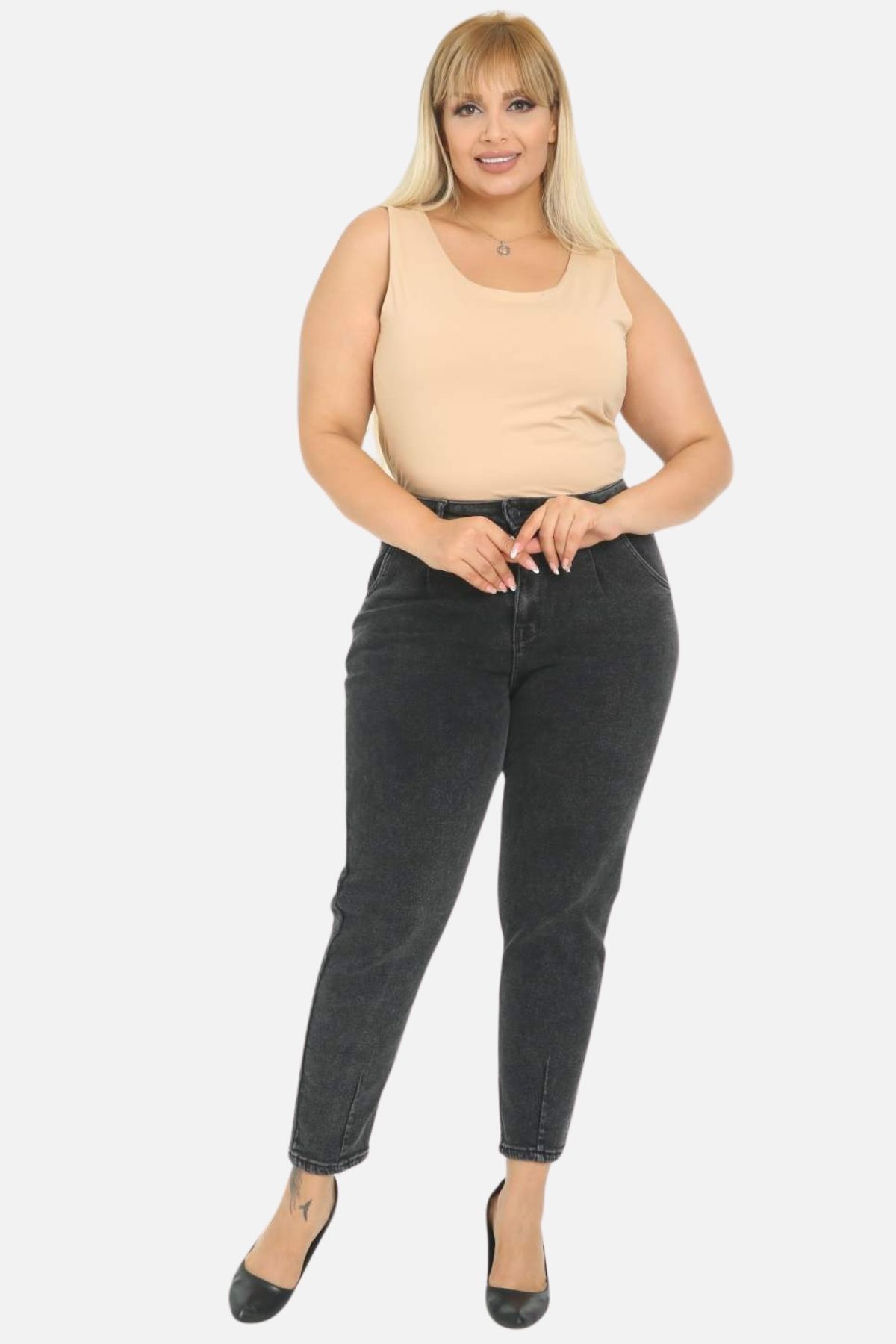 Mom Fit Jean Büyük Beden Yüksek Bel Carrot Kesim Dar Paça Pileli Esnek Kot Pantolon C600-füme
