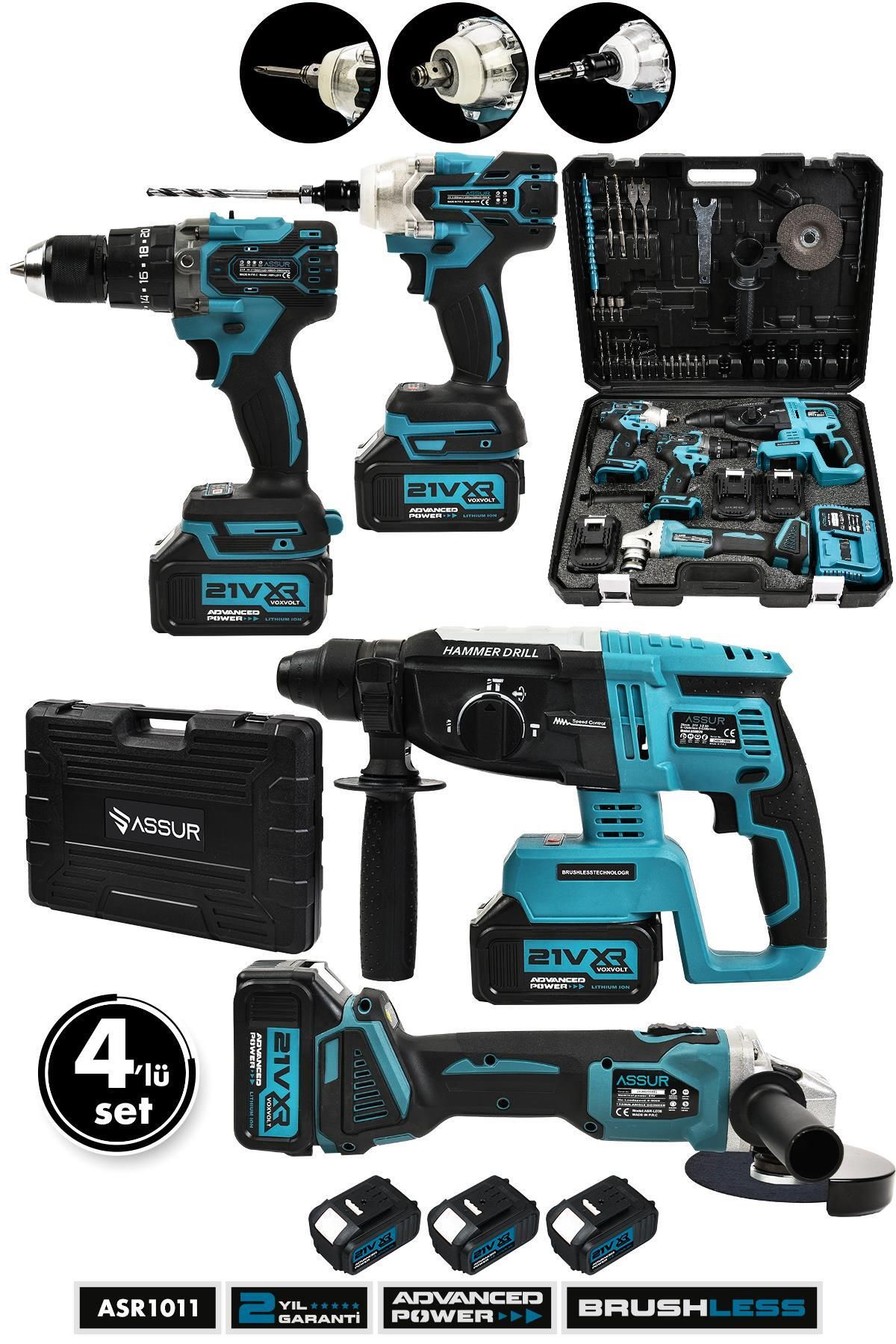 Profesyonel 21v Akülü Matkap & Taşlama & Kırıcı Delici Hilti & Somun Sıkma Sökme 4'lü Set