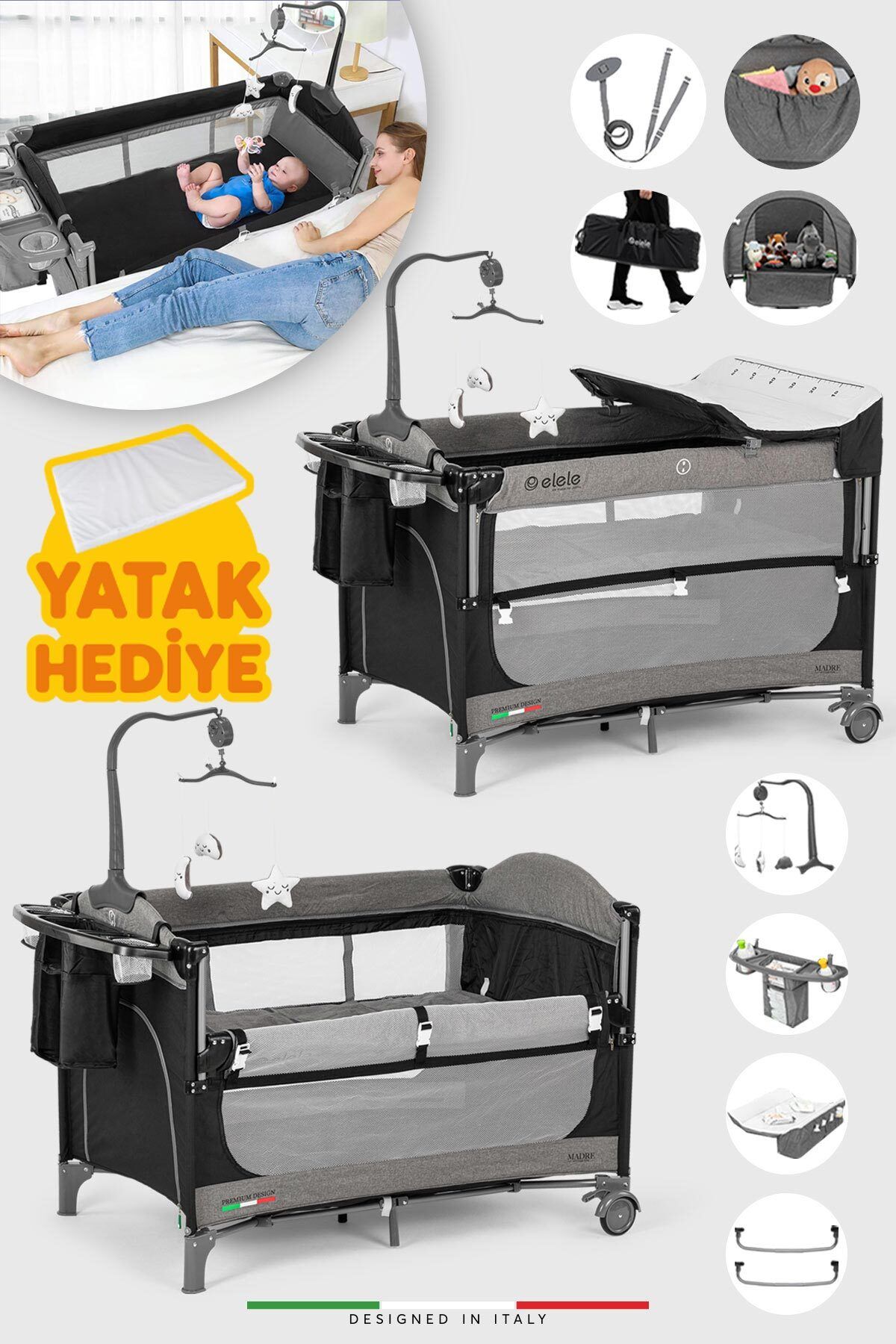Madre Anne Yanı Park Yatak Oyun Parkı 70x110 Cm Siyah - Gri Yatak Hediye