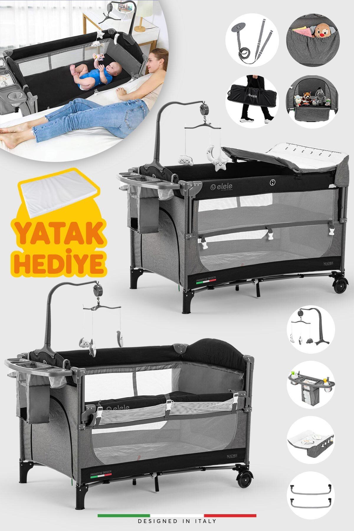 Madre Anne Yanı Park Yatak Oyun Parkı 70x110 Cm Gri-siyah