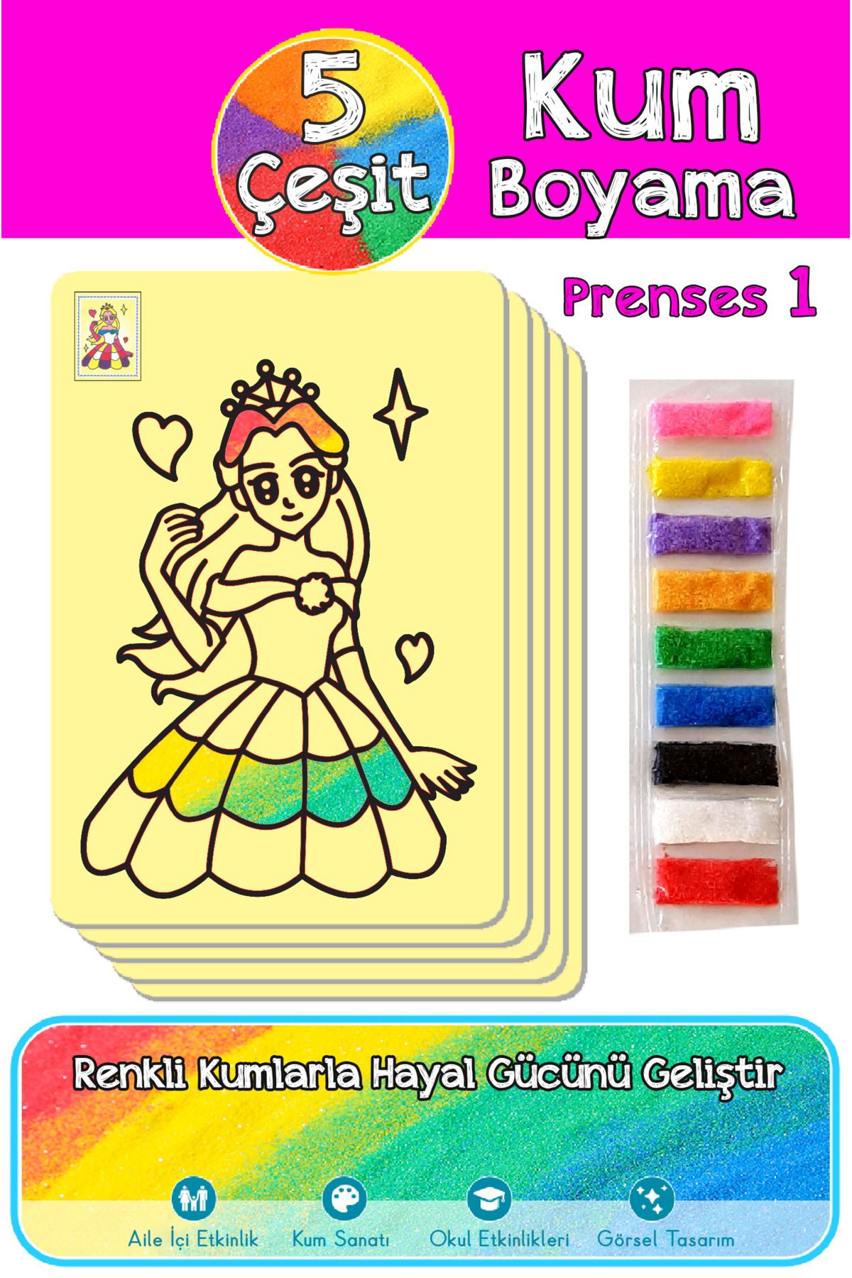 Pembe Prenses Paket A4 Boyutu 5 Farklı Kum Boyama Etkinliği