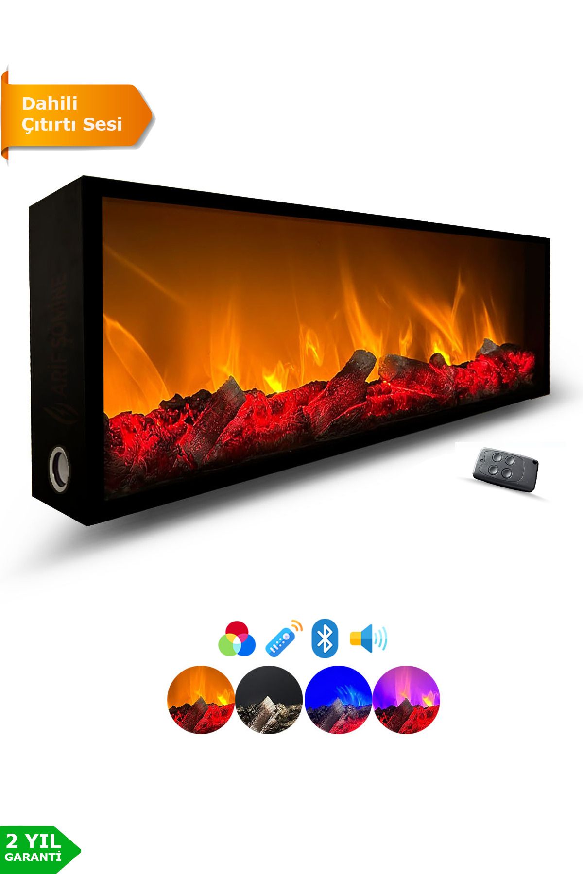 Dekoratif Elektrikli Yapay Şömine - 120x25x15 Cm - Farklı Renk Modları, Kumandalı, Bluetooth