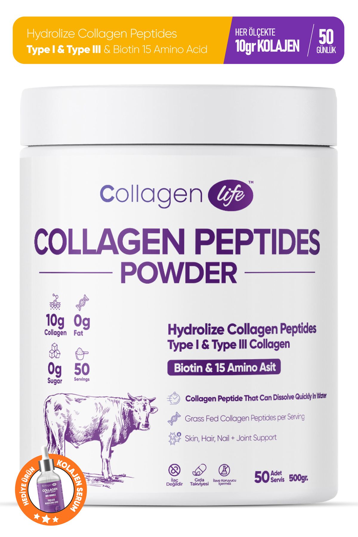 %100 Hidrolize Kolajen Peptitler Biotin Ve 15 Amino Asit İçeren Gıda Takviyesi 50 Günlük