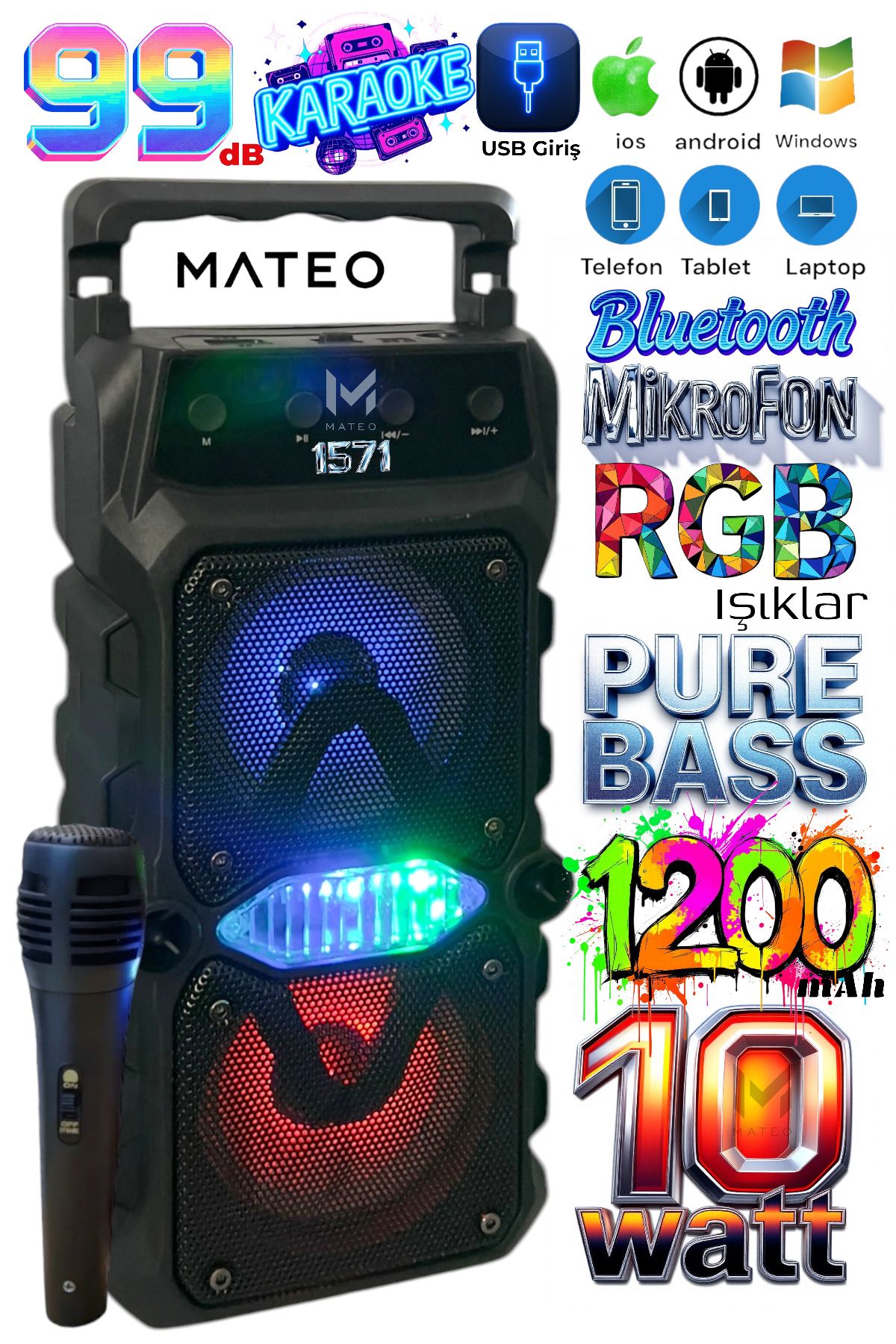 Bluetooth Hoparlör Karaoke Parti hoparlörü Mikrofonlu, led Rgb Işıklı, Ses Bombası Usb Sd girişli
