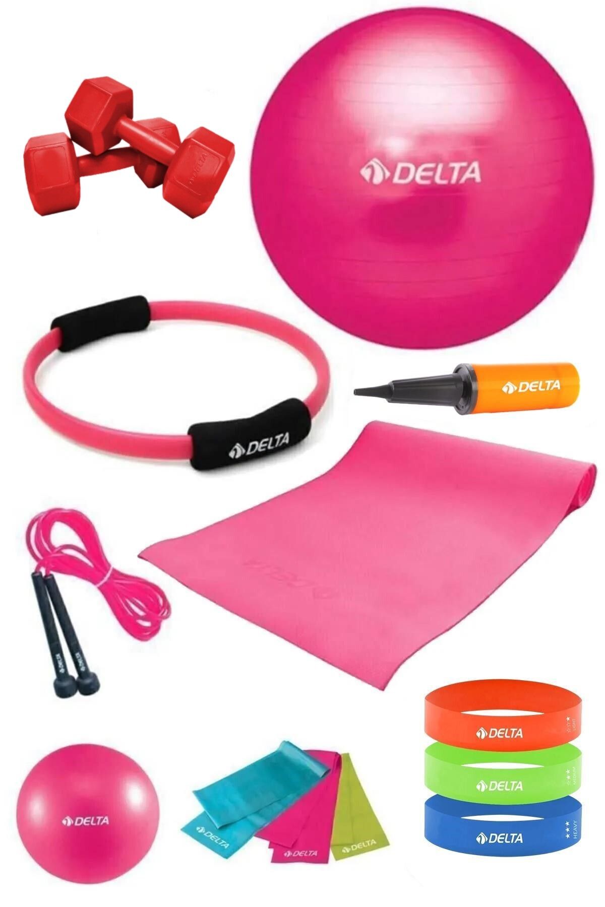 140 - 159 Cm Boya Uygun 14 Parça Pilates Seti 55 Cm Top 4 Mm Minder Çember Squat Bandı 2 Kg Dambıl