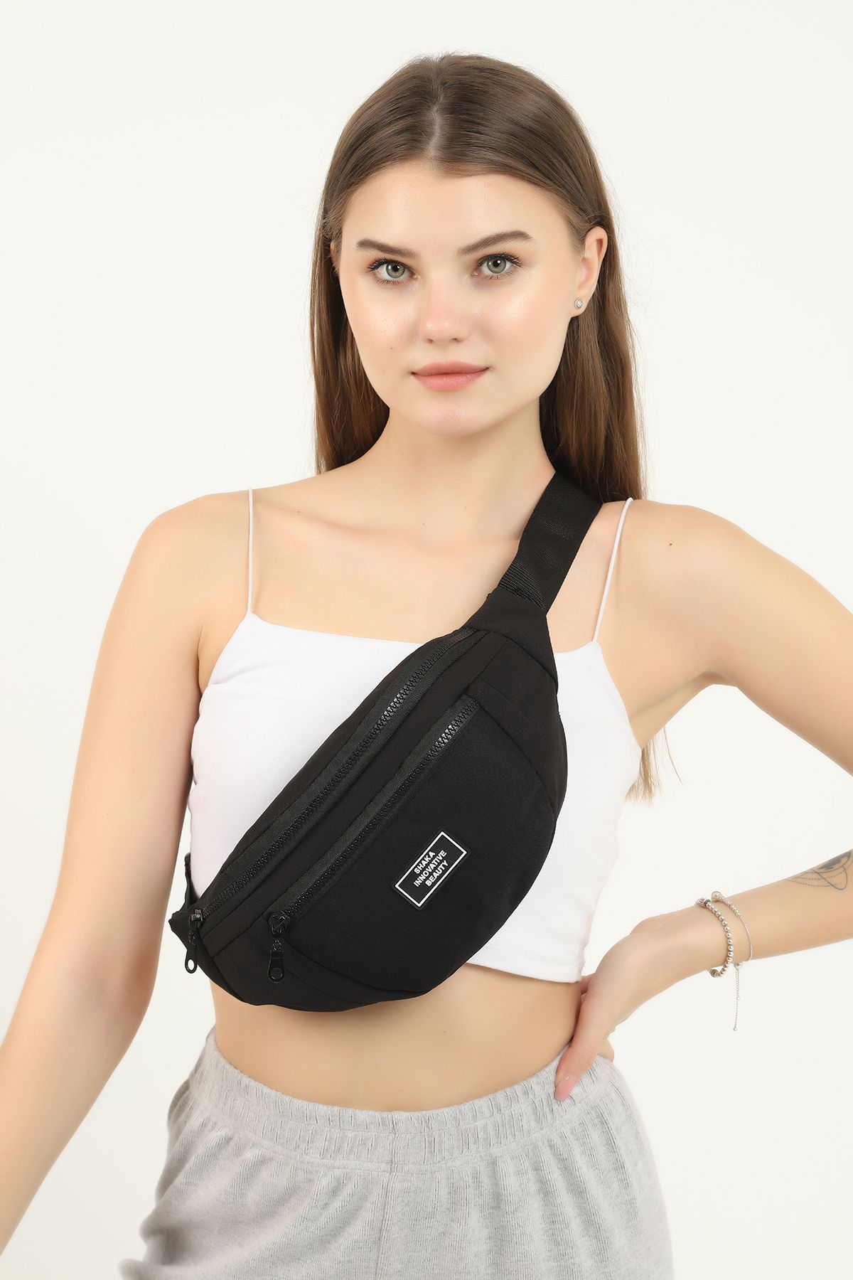 Siyah U8 2 Bölmeli Ayarlanabilir Çapraz Askılı Kanvas Unisex Bel Ve Omuz Çantası E:38 B:17 G:7