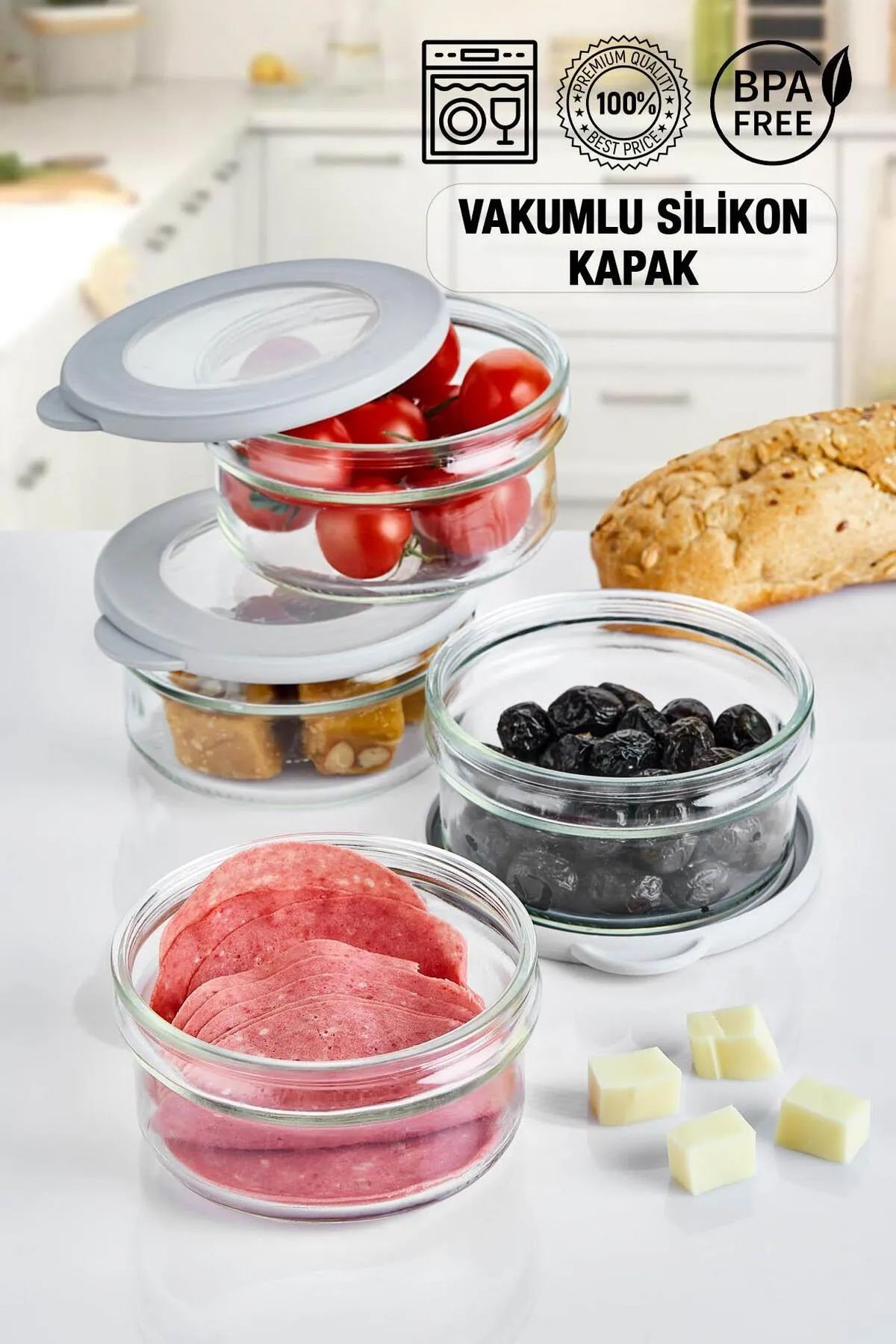 4 Adet Vakumlu Kapak Cam Saklama Kabı - Cam Kahvaltı Seti