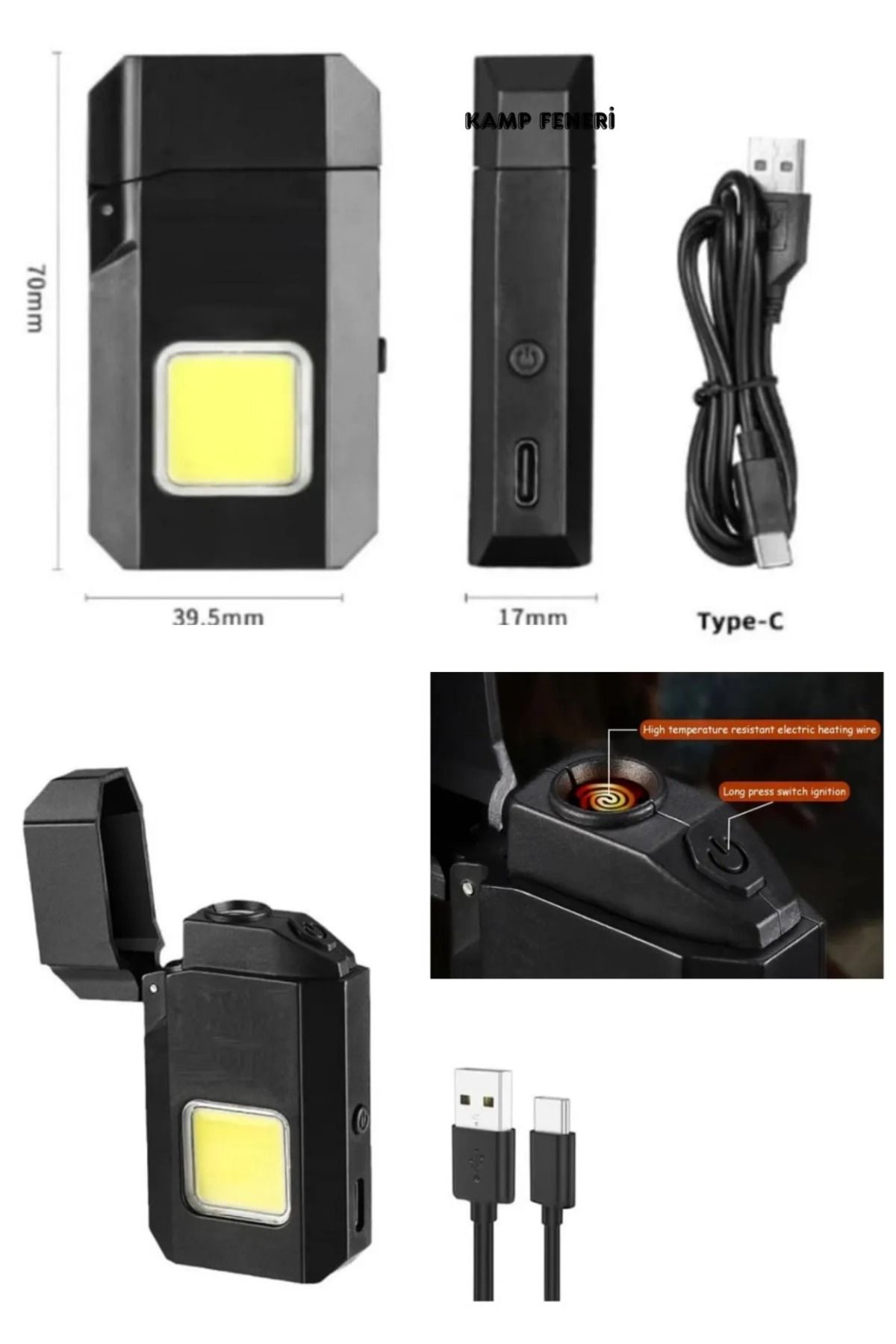 Sİyah Gazsız Rezistanslı Elektrikli Usb Şarjlı Çakmak Mini Cob El Fenerli 2 ın 1 Mini Projektörlü