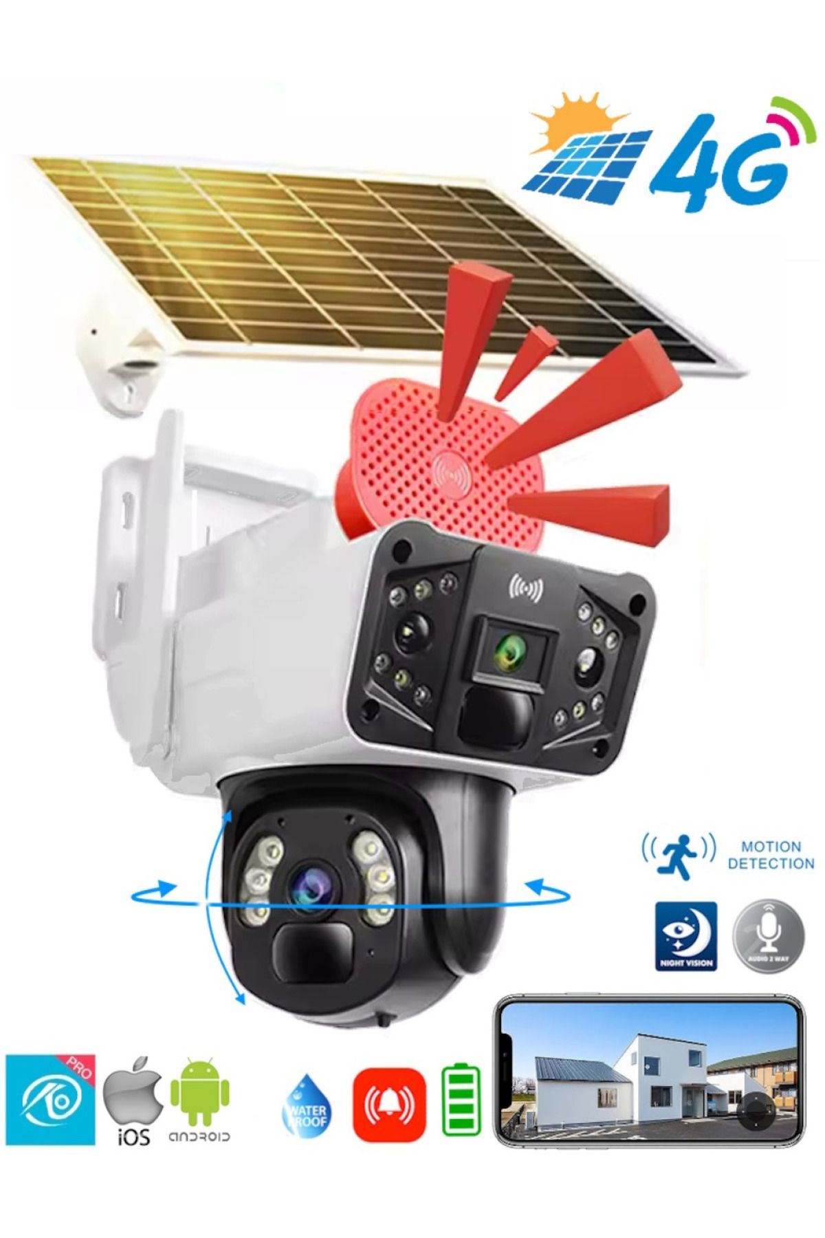 Okam 3915 4g 6mp Dual Lens Güneş Panelli Solar Sirenli Güvenlik Kamerası "beyaz Renk"