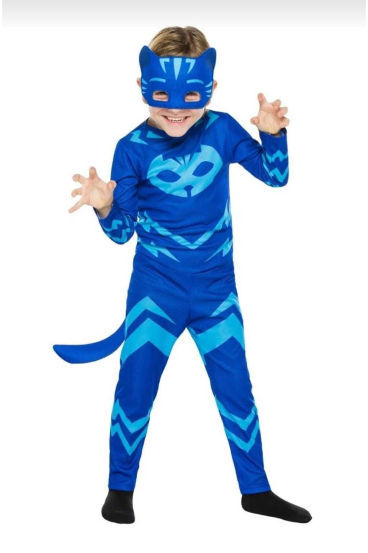 Pija Maskeliler Kedi Çocuk Mavi Maskeli Pelerinli Kostüm Pj Mask Doğum Günü Kostümü
