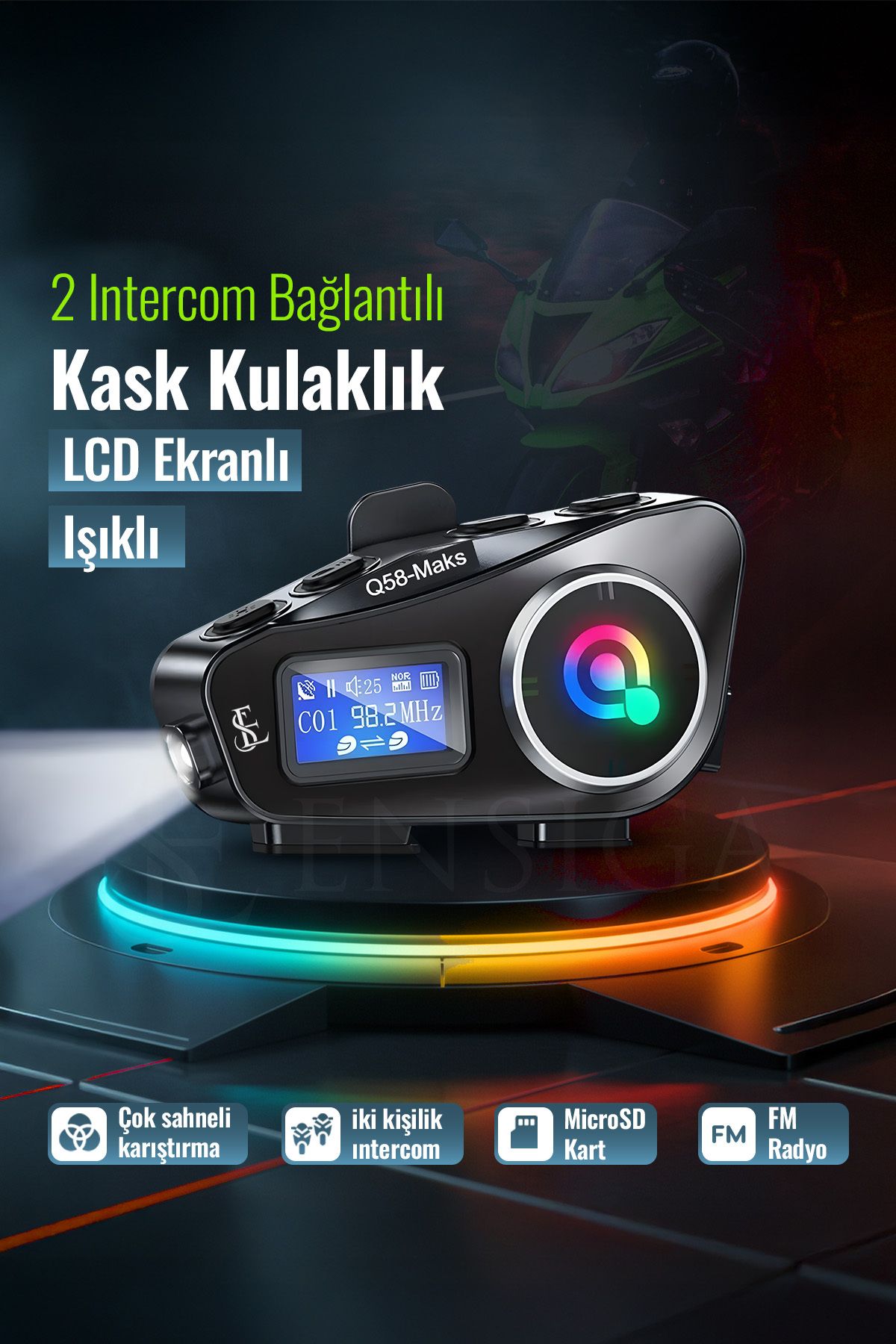 2 Intercom Bağlantılı Radyolu Lcd Ekranlı Işıklı Su Geçirmez Motorcu Kask Kulaklık Müzik Çalar