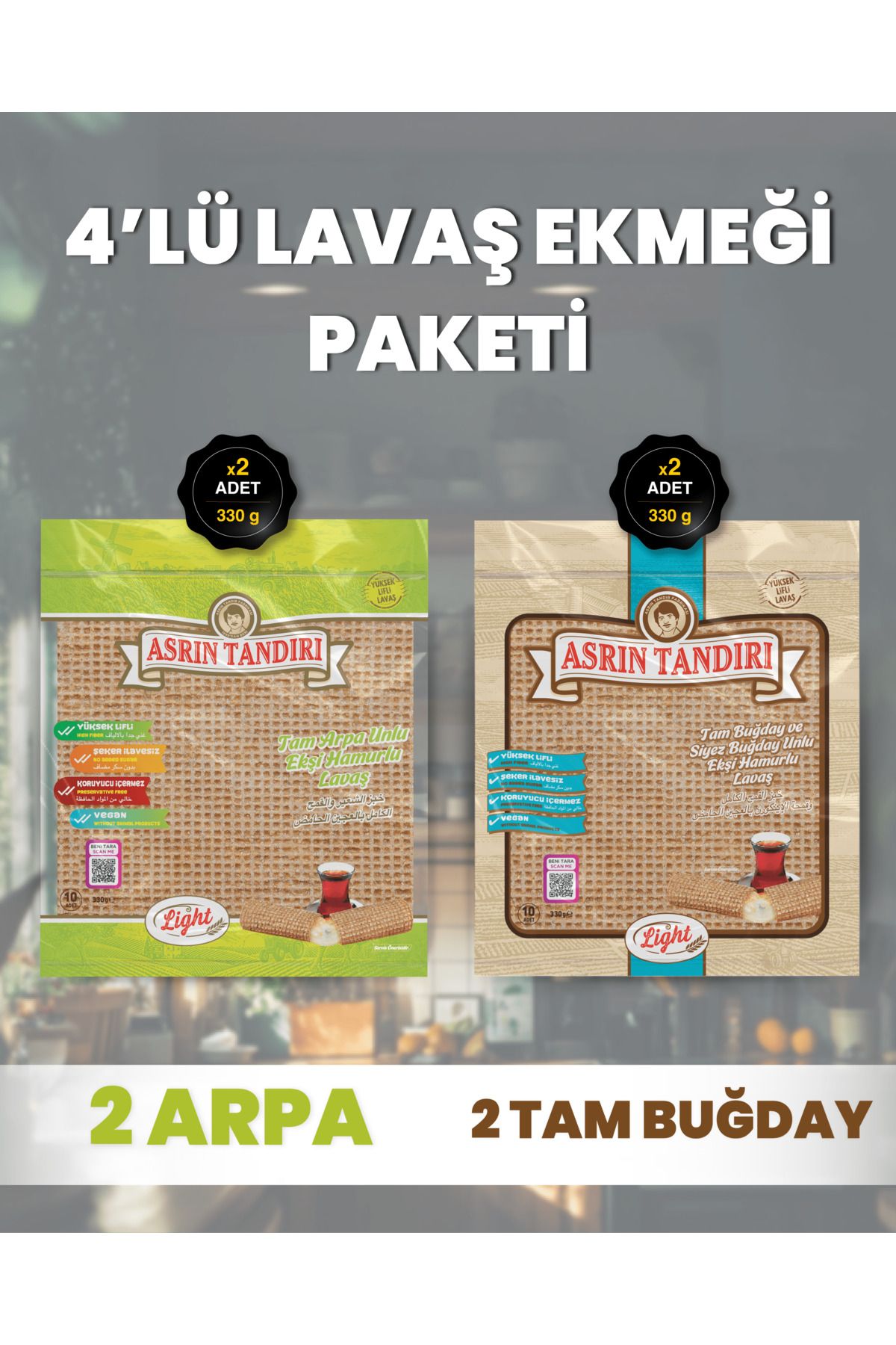 40AdetLavaş 4’Lü Paket (2 Pkt(20Lavaş)Ekşi Mayalı Arpa+2 Pkt(20Lavaş)EkşiMayalıTamBuğday) 4X350Gr.