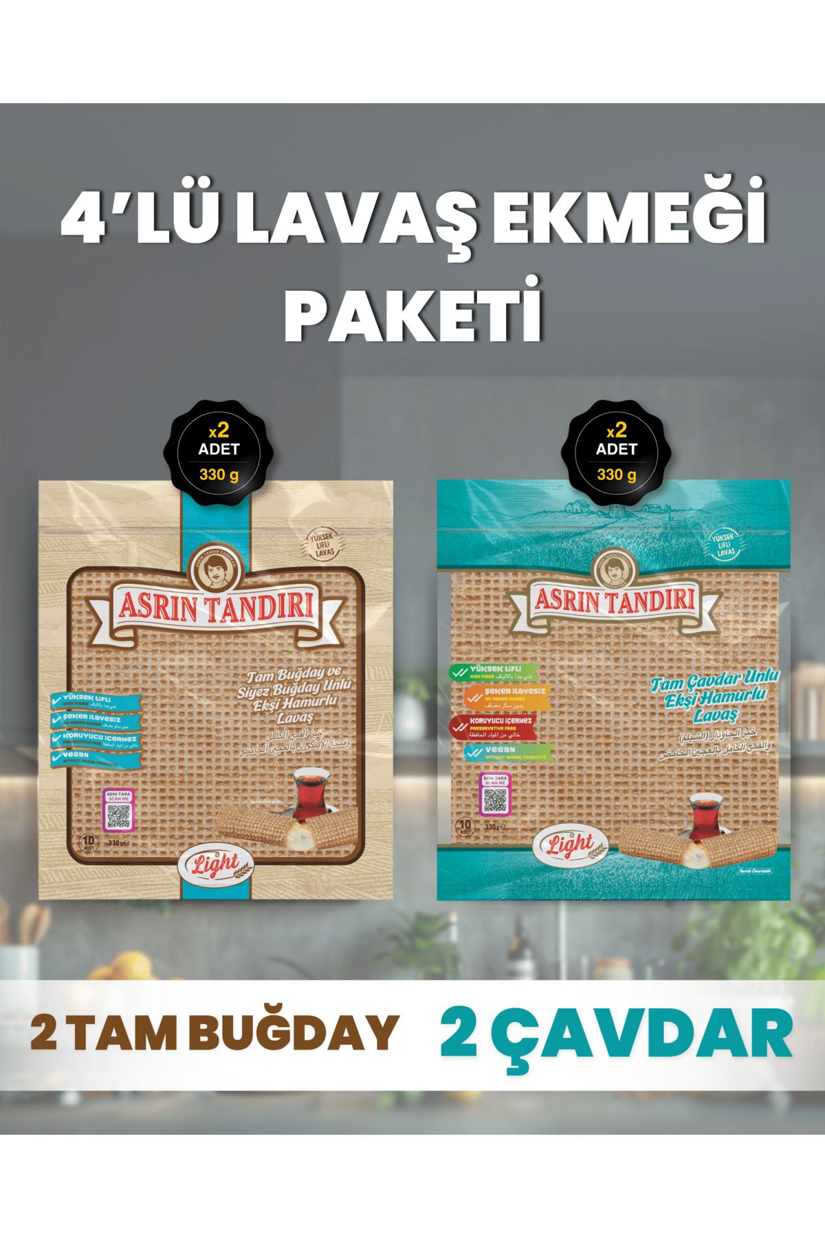 4’Lü Paket (2Adet Ekşi Mayalı Tam Buğday + 2 Adet Ekşi Mayalı Çavdar Lavaş Ekmeği Paketi)