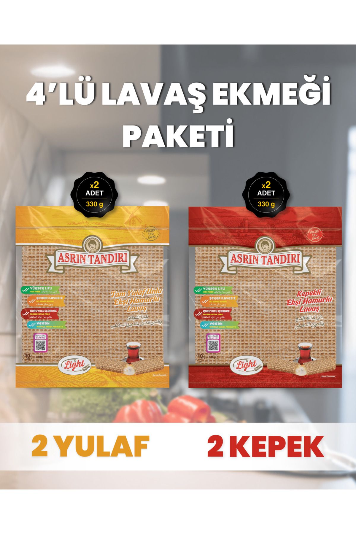 40AdetLavaş 4’Lü Paket (2 Pkt(20Lavaş)Ekşi Mayalı Yulf+2 Pkt(20Lavaş)EkşiMayalıKepekli) 4X350Gr.