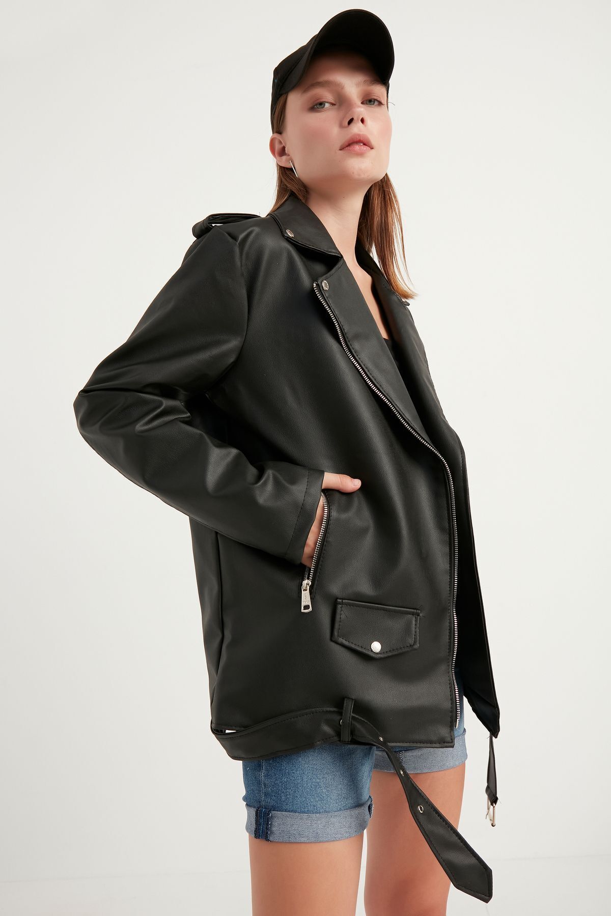 Kadın Oversize Biker Deri Ceket