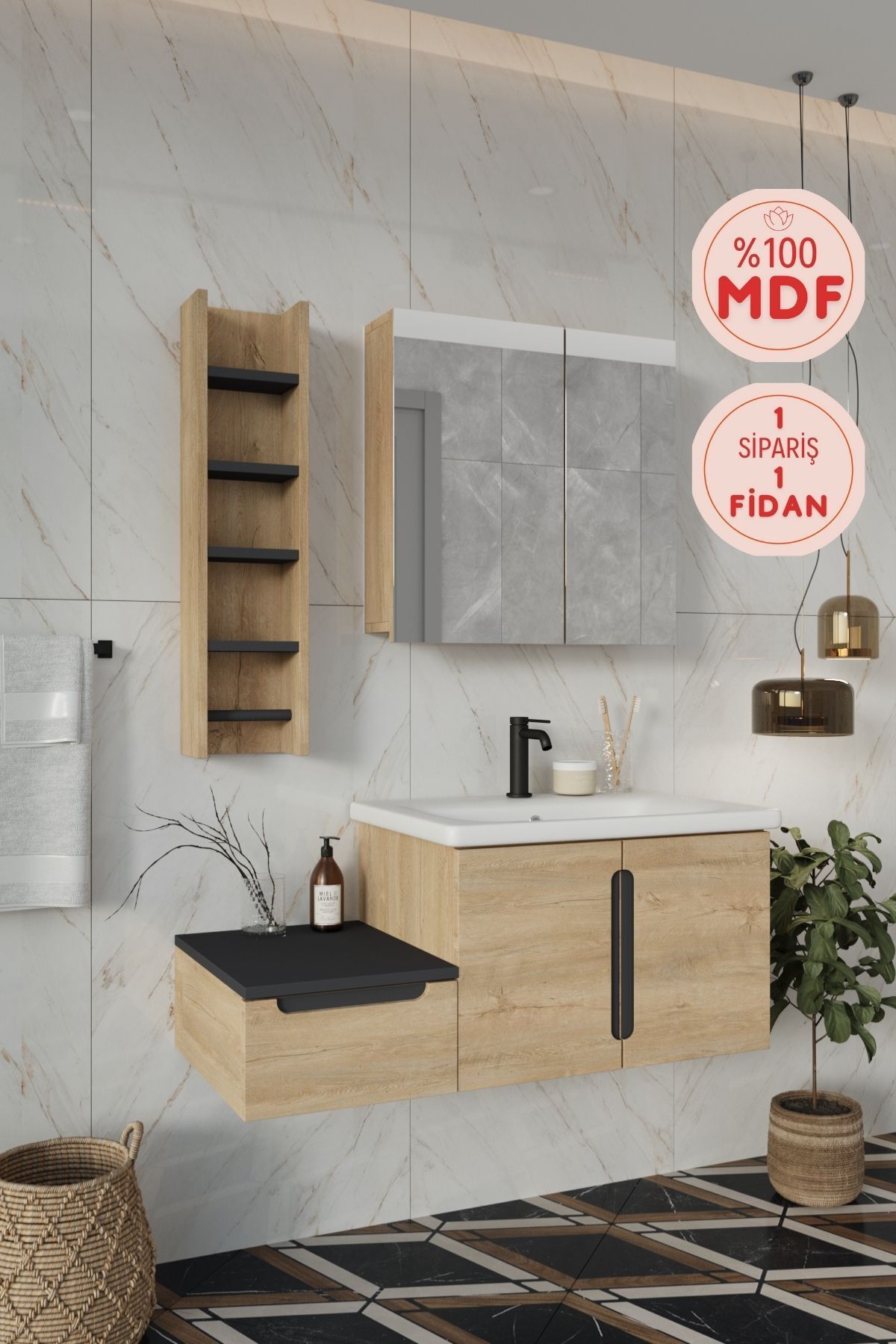 Zakkum 100 Cm %100 Mdf Lavabolu Banyo Dolabı