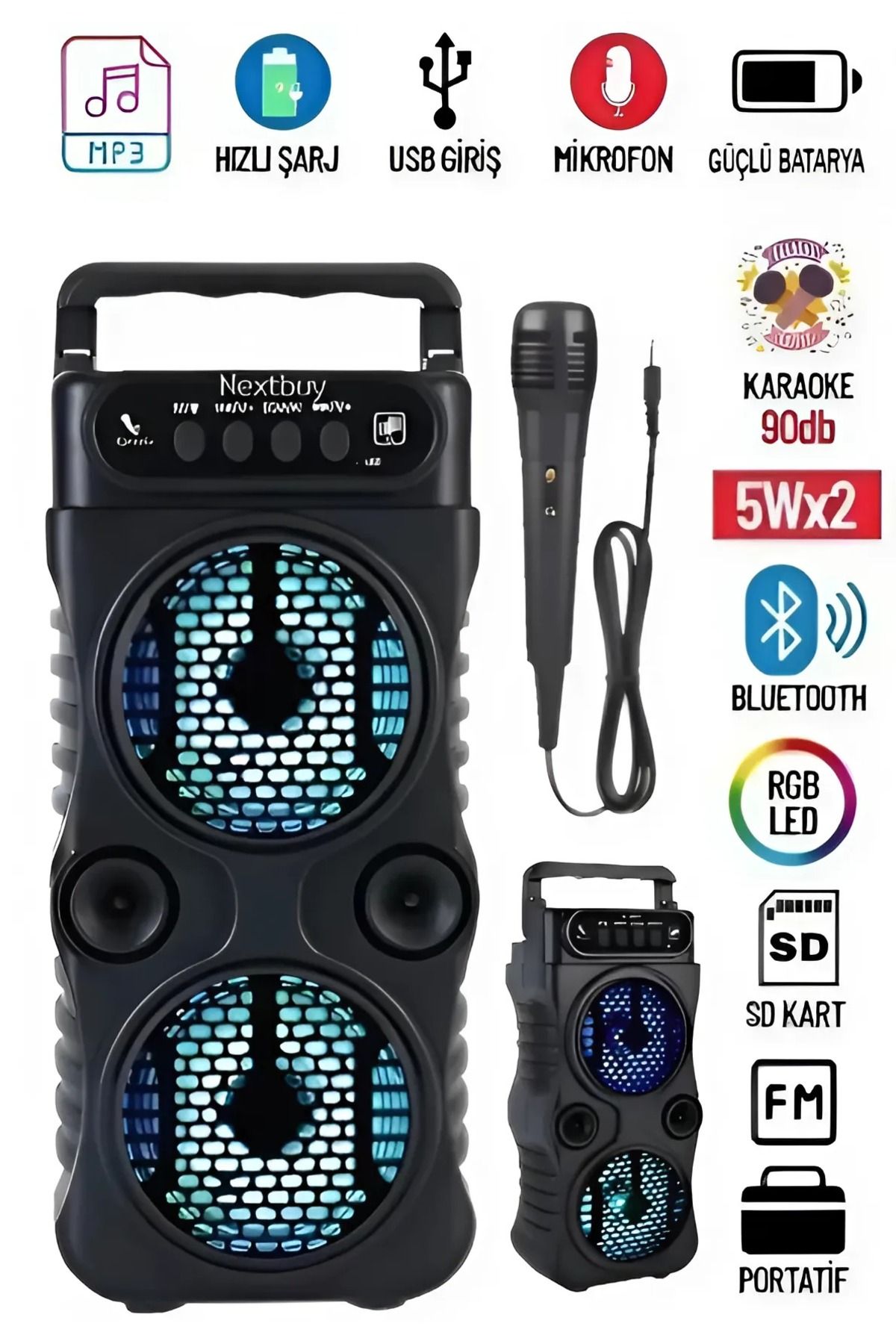 Bluetooth Hoparlör Parti Hoparlörü Karaoke Mikrofon Hediyeli Işıklı Ses Bombası Radyo Usb Sd Girişli