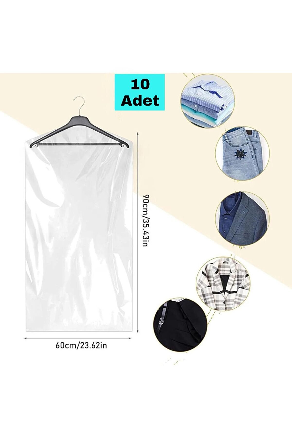 10 Adet 60x90 Cm Şeffaf Elbise Poşeti, Askı Delikli Omuz Kesimli Koruyucu Elbise Kıyafet Hurcu