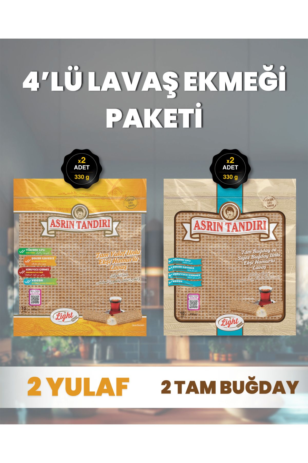 40AdetLavaş 4’Lü Paket (2 Pkt(20Lavaş)Ekşi Mayalı Yulaf+2 Pkt(20Lavaş)EkşiMayalıTamBuğday) 4X350Gr.