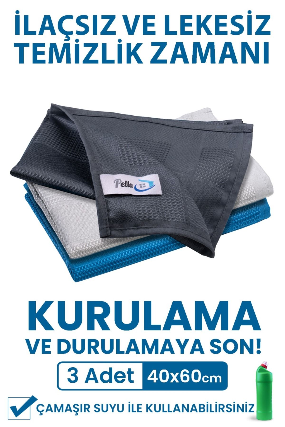 Pella Çamaşır Suyu Ile Kullanılabilen 3'lü Temizlik Bezi, 60x40cm