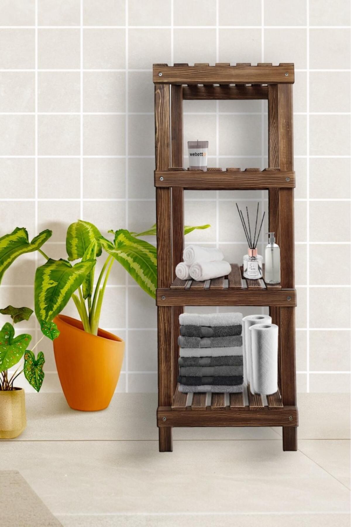 Masif Ahşap 4 Katlı Banyo Rafı Havluluk Banyo Düzenleyici Mob102