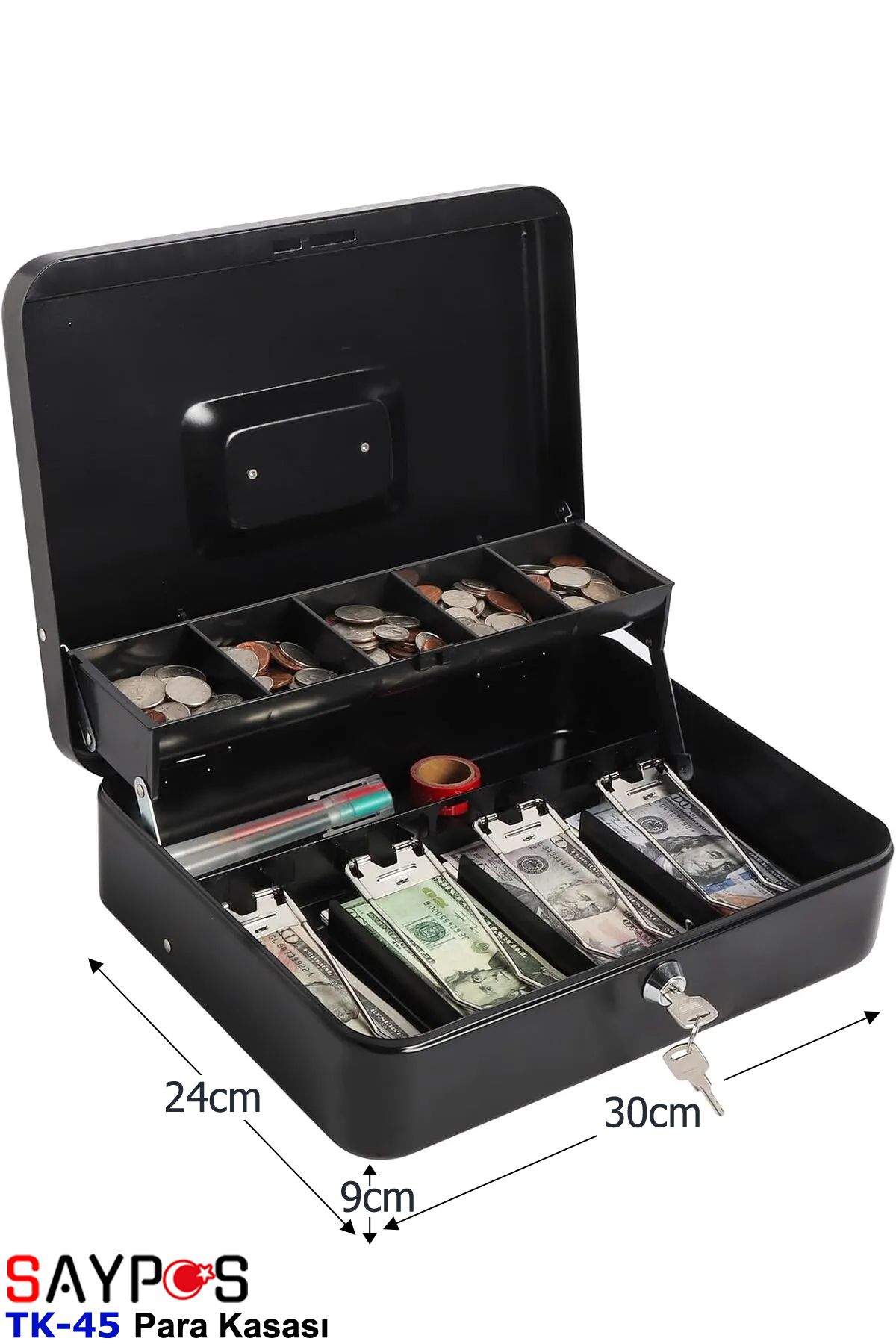 Büyük Metal Para Kasası Kutusu 4 Banknot 5 Madeni Para Gözlü Taşıma Kulplu Gizli Bölmeli 32x24x10cm