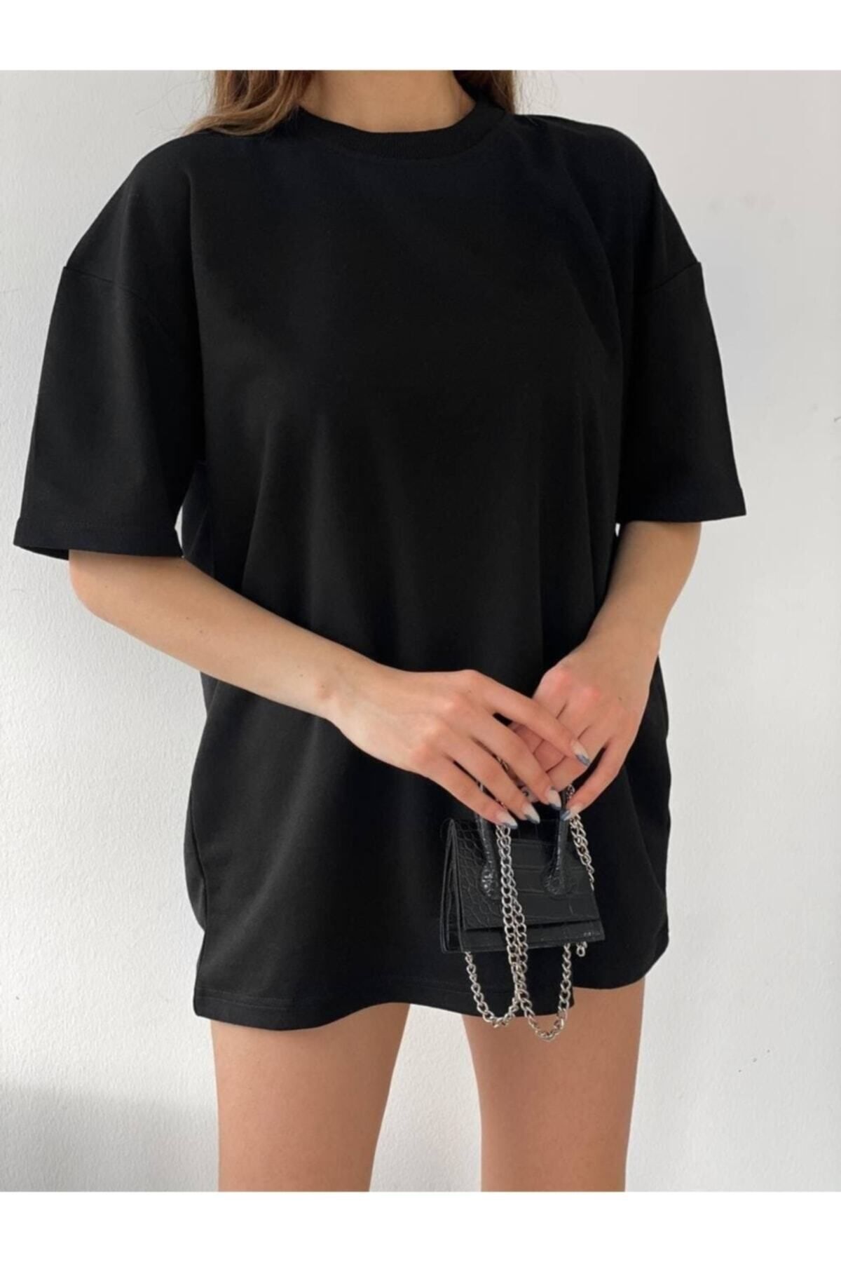 Unisex Siyah Spor Bisiklet Yaka Pamuk Oversize Boyfriend T-shirt