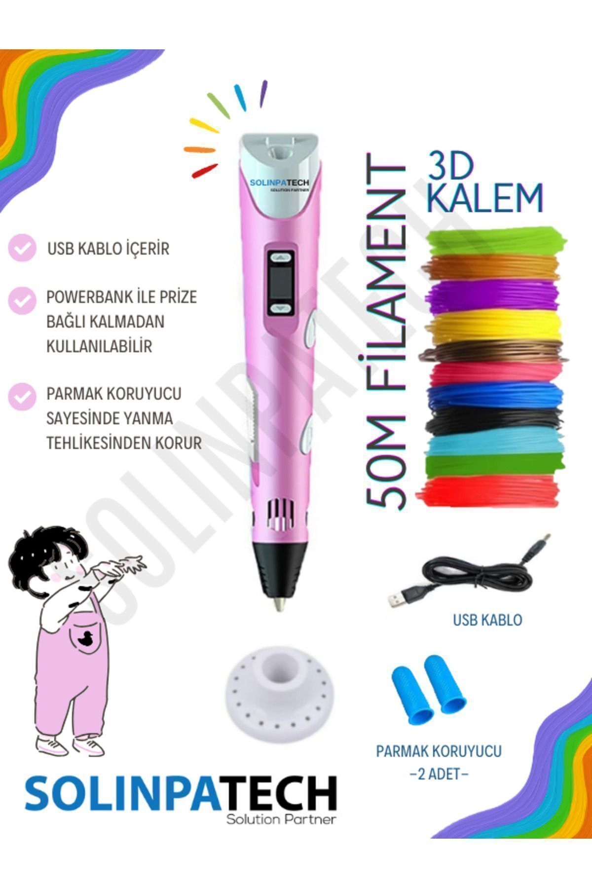 3d Pen Yazıcı Kalem Printer Pembe (10 ADET 5 METRE FİLAMENT-50METRE-VE USB KABLO DAHİL)
