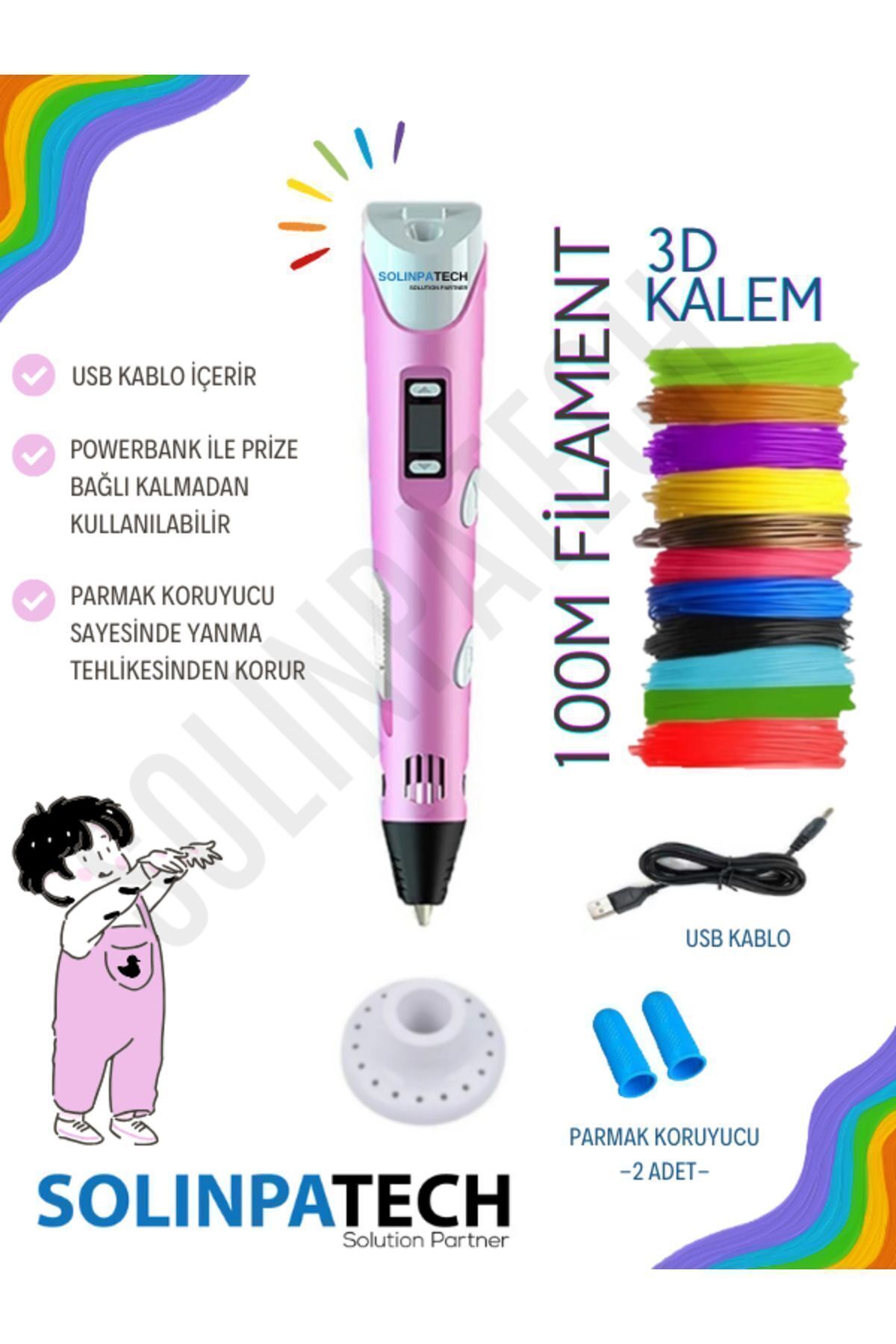 3d Pen Üç Boyutlu Yazıcı Kalem Printer-pembe (20 ADET 5 METRE FİLAMENT-100METRE-VE USB KABLO DAHİL)