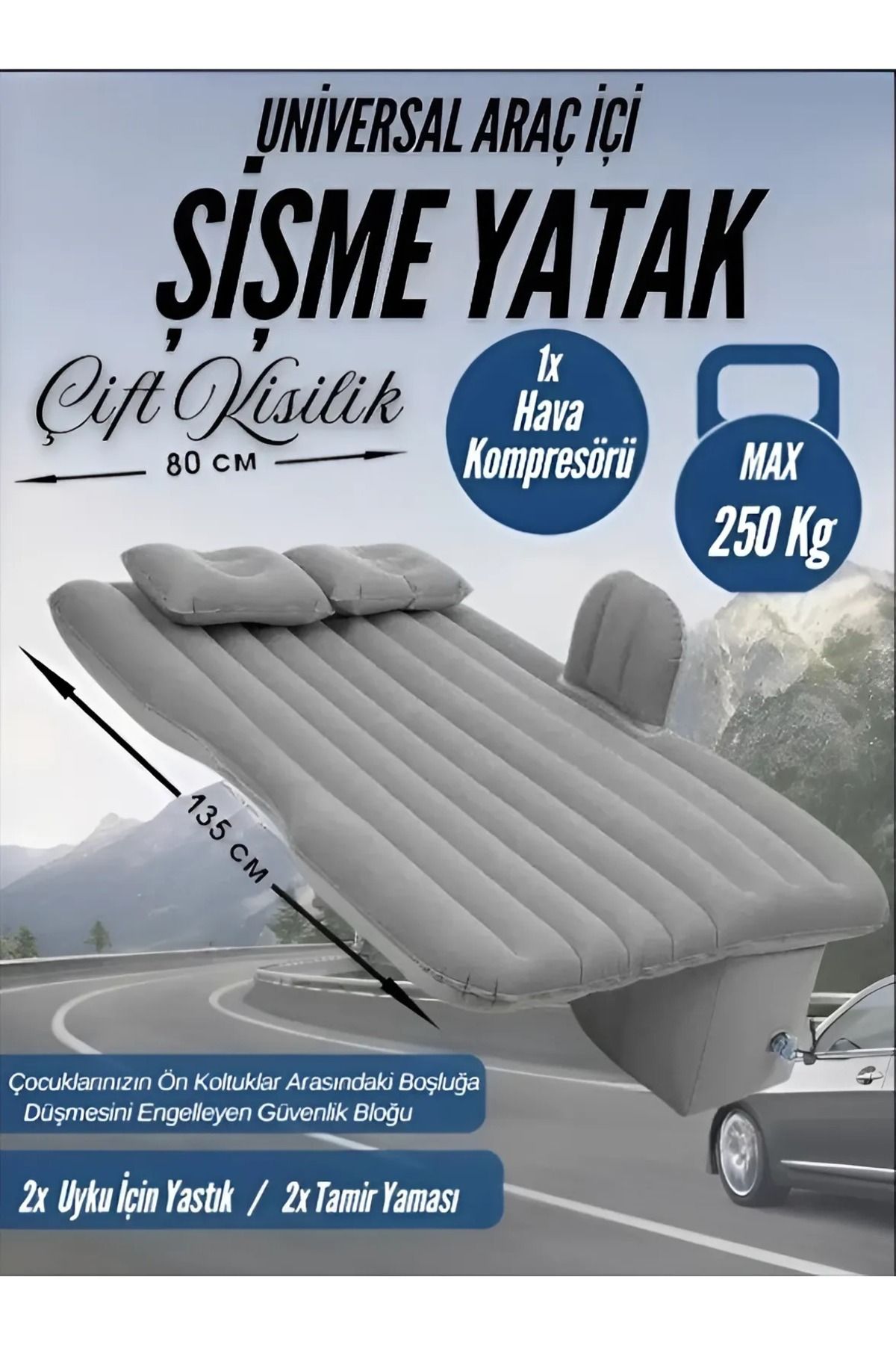 Araç İçi Şişme Yatak Çift Kişilik Seyahat Kamp Yatağı Universal Uzun Yol Uyku İçin Yastık Pompa Seti