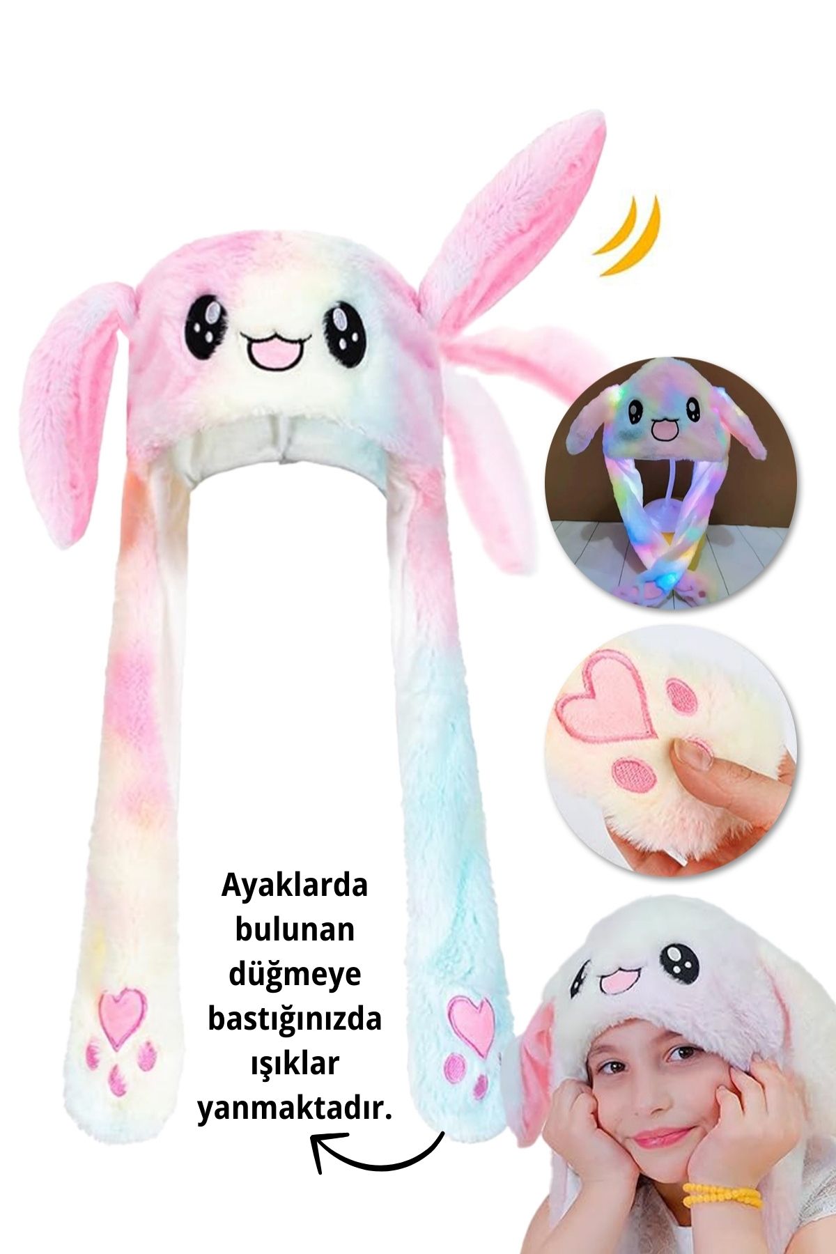Renkli Işıklı Kulakları Kalkan Tavşan Şapka