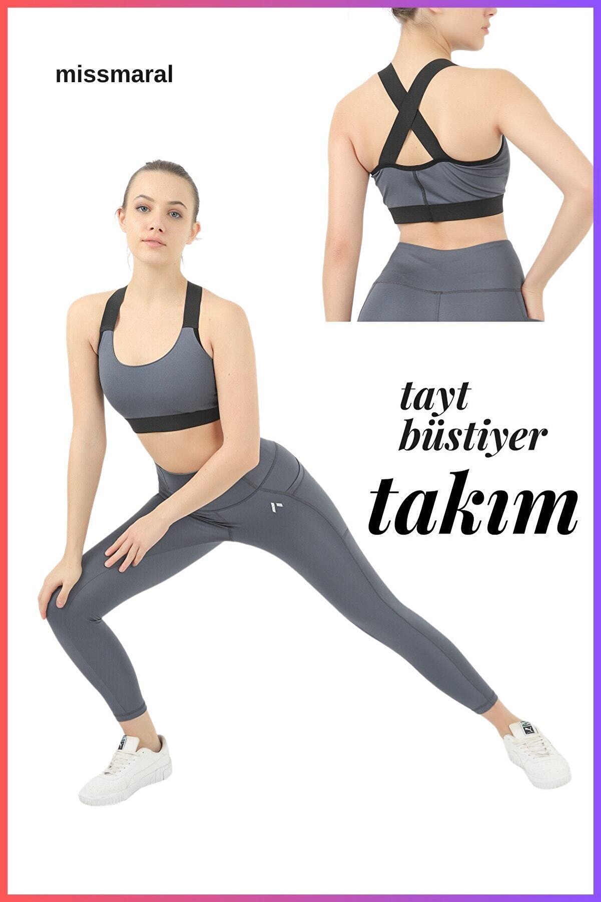 Kadın Tayt Takım Antrasit Yüksek Bel Toparlayıcı Çift Cepli Tayt Ve Ped Destekli Büstiyer 3057
