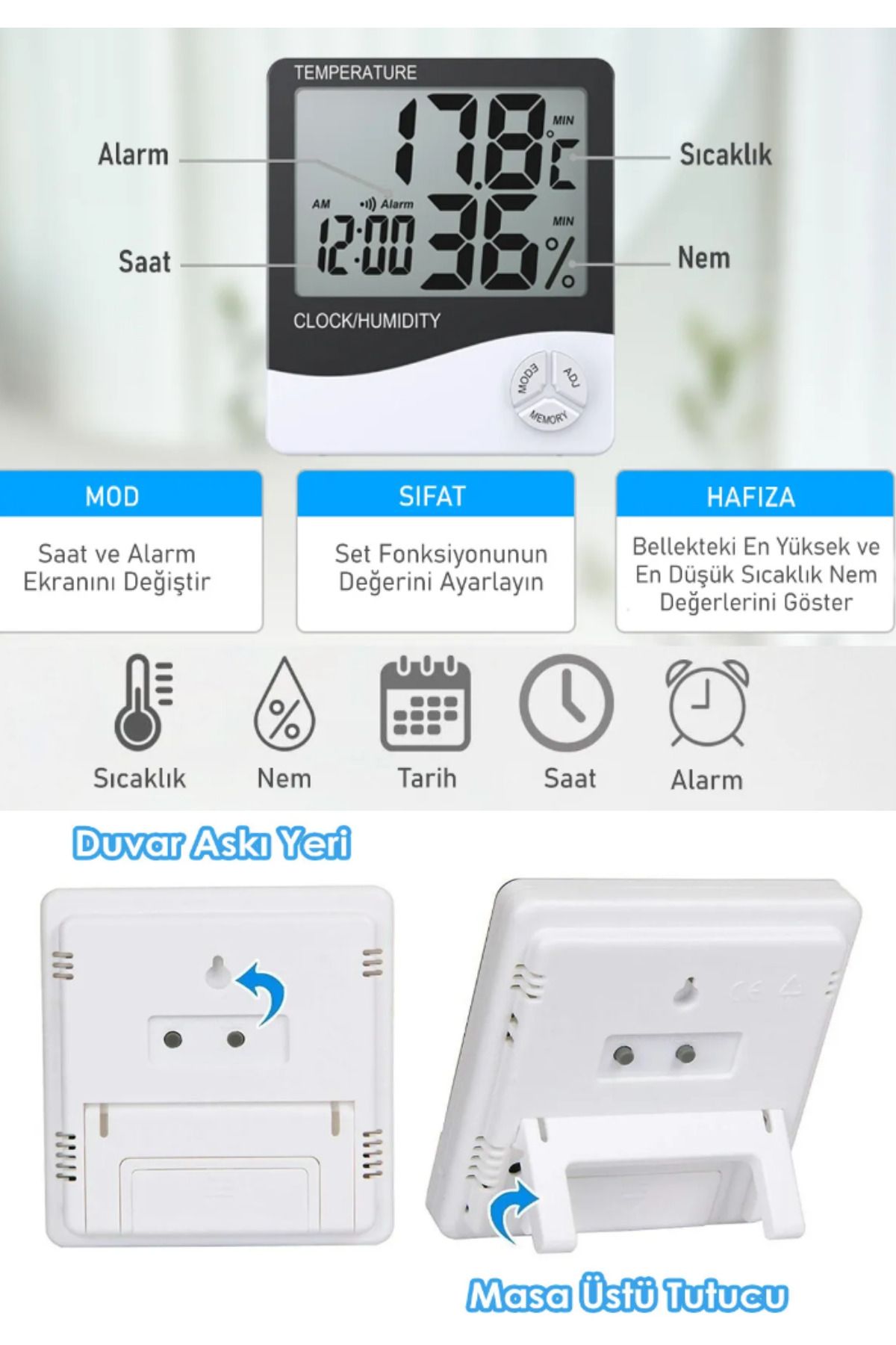 Dijital Termometre Higrometre Hava Istasyon Oda Iç Dış Mekan Sıcaklık Nem Ölçer Lcd Saat Alarm