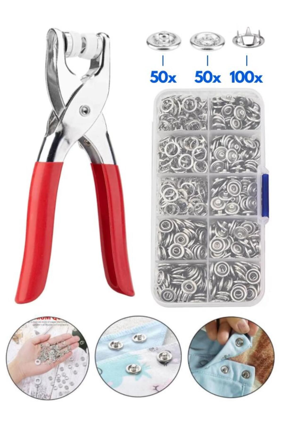 Çıt Çıt Düğme Ve Pensesi 100'lü Çıt Çıt Metal Düğme Yapma Seti Kutulu Çıt Çıt Düğme Set