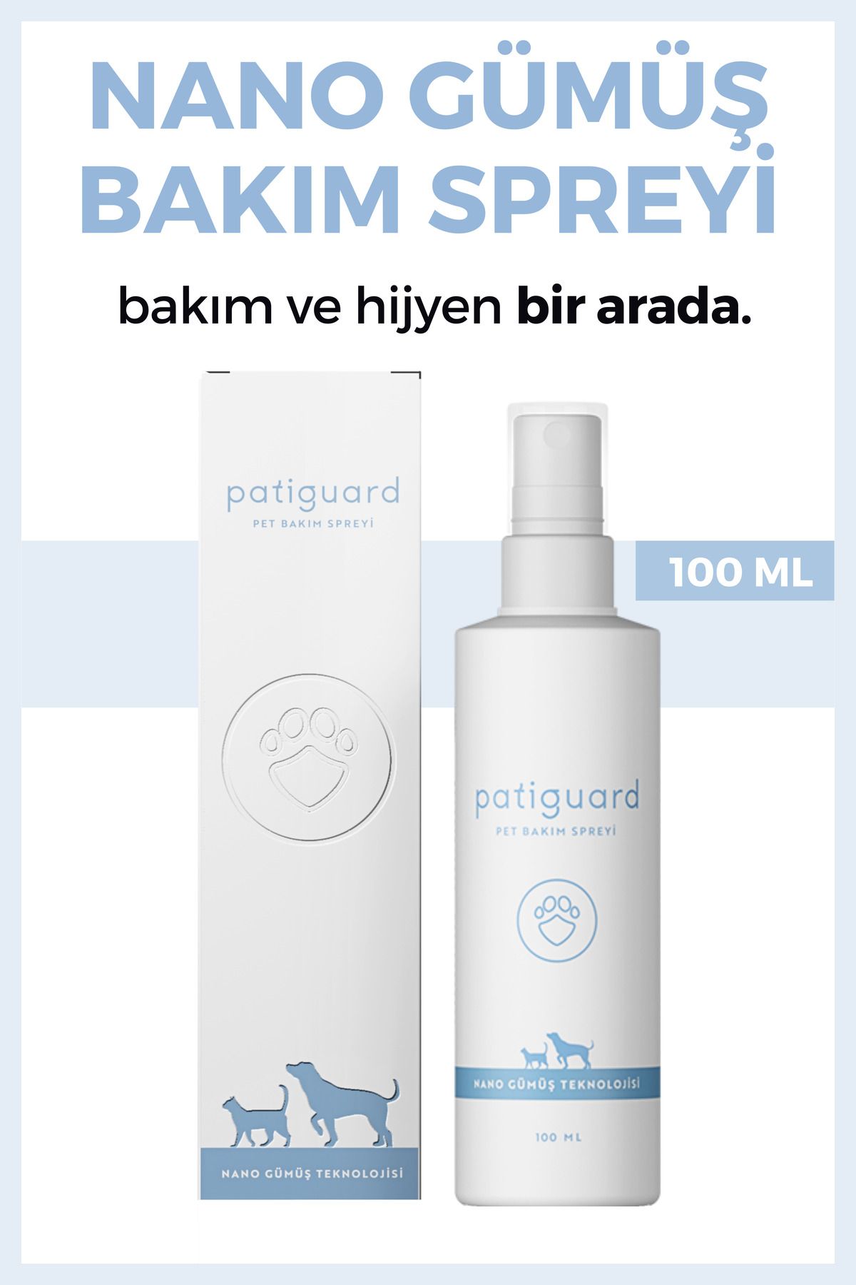 Pet Hijyen Bakım Spreyi 100 ml Nano Gümüş Evcil Hayvan Kedi Köpek Temizleme Pati Tüy Kulak Ağız Göz