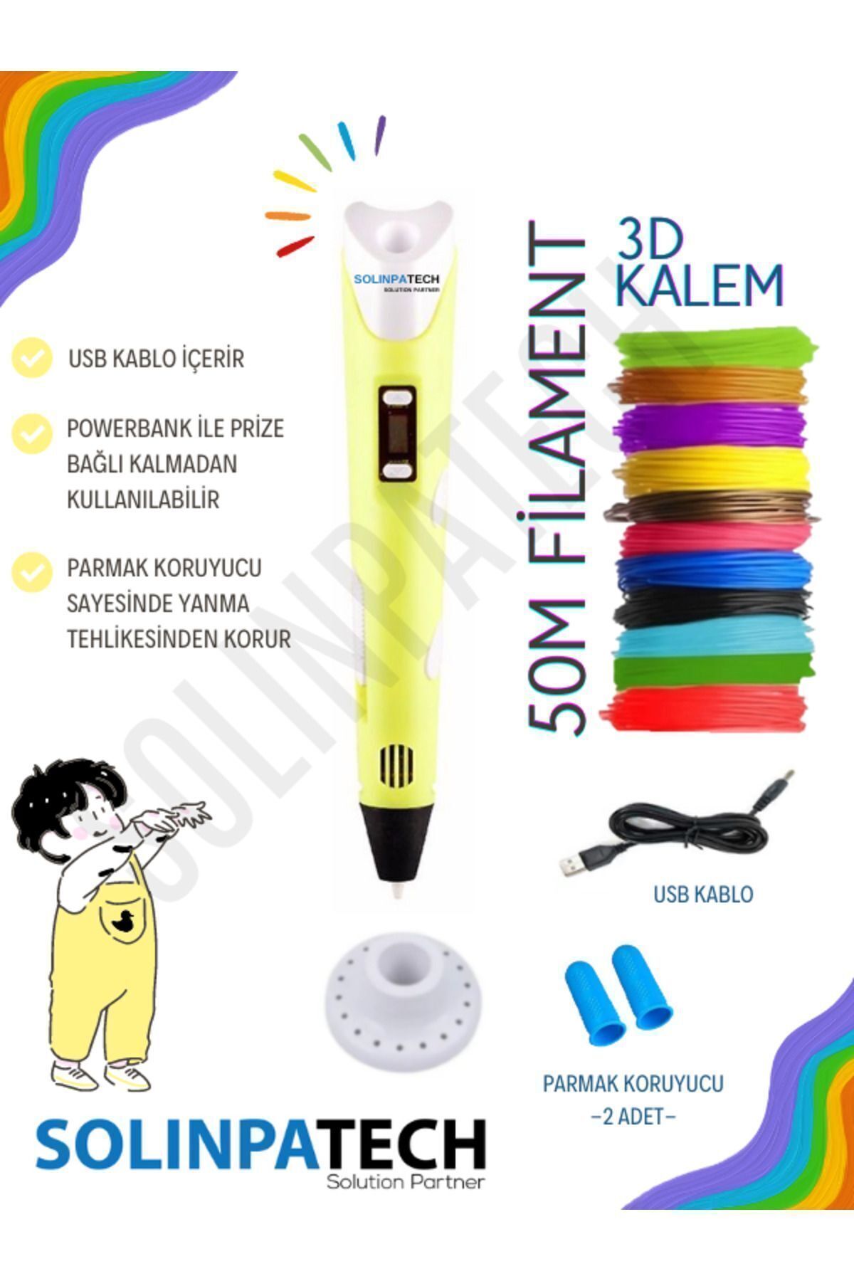 3d Pen Üç Boyutlu Yazıcı Kalem Printer-sarı (10 ADET 5 METRE FİLAMENT -50 METRE-VE USB KABLO DAHİL)