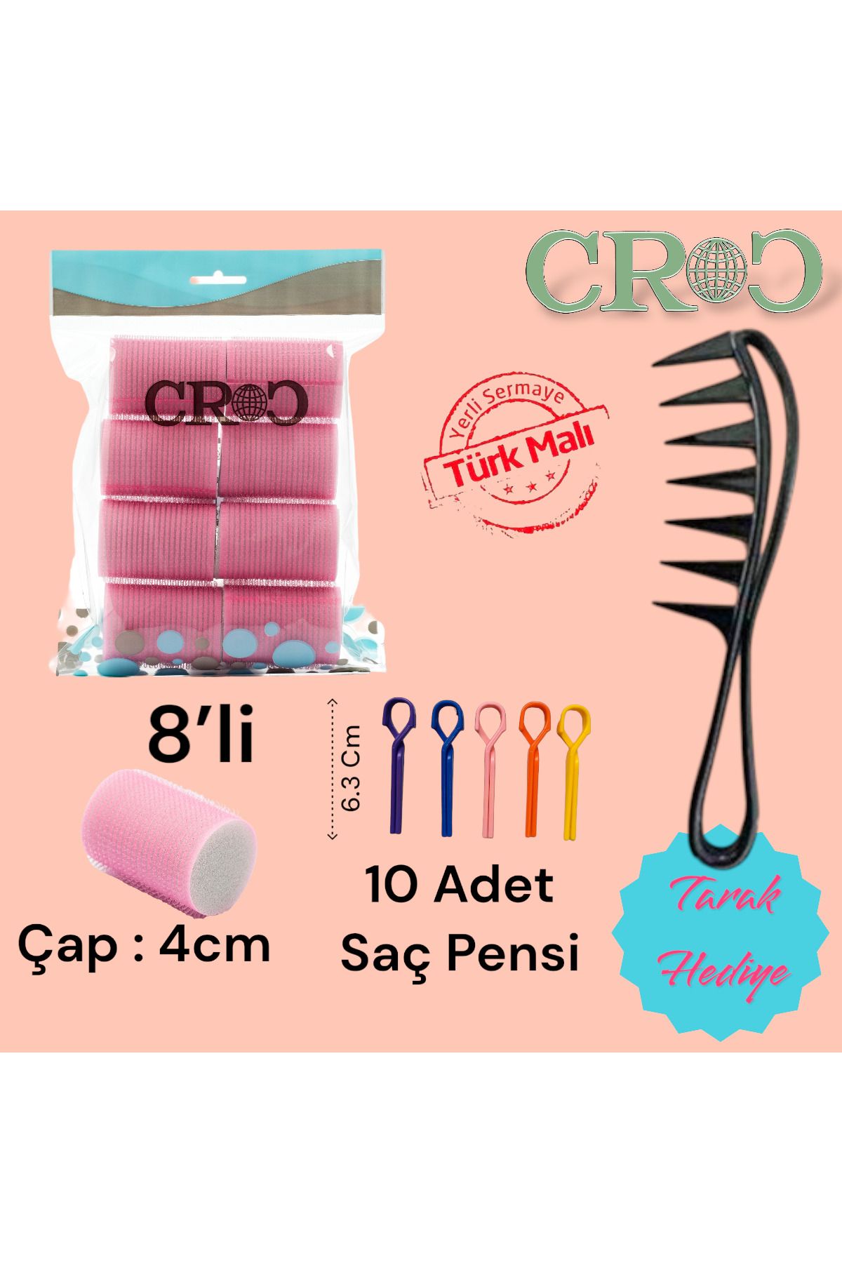 1207 Pembe Cırtlı Sünger Bigudi 8li Çap 4cm Yapışkanlı Saç Bigudisi (10lu Saç Pensli)