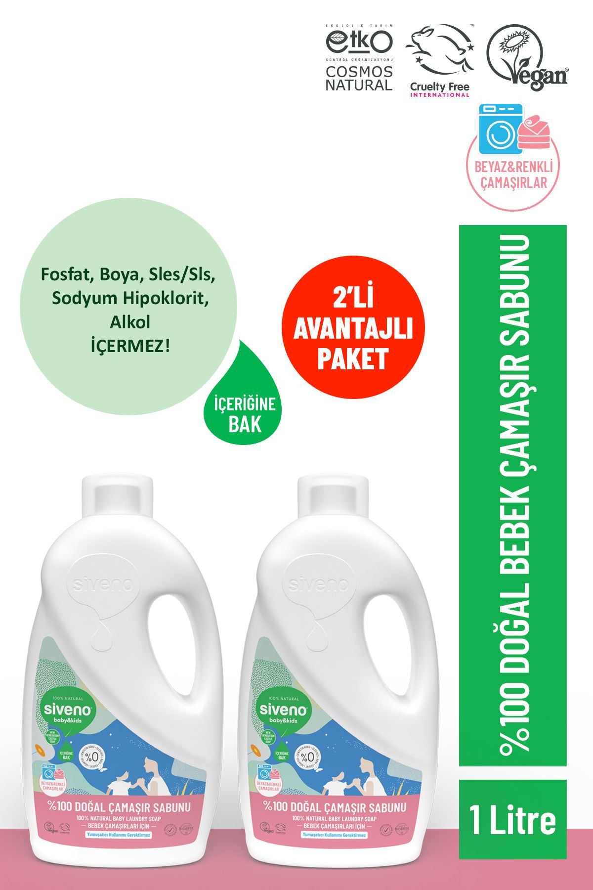 %100 Doğal Bebek Çamaşır Sabunu Kendinden Yumuşatıcılı Bitkisel Deterjan  1000 ml X 2 Adet
