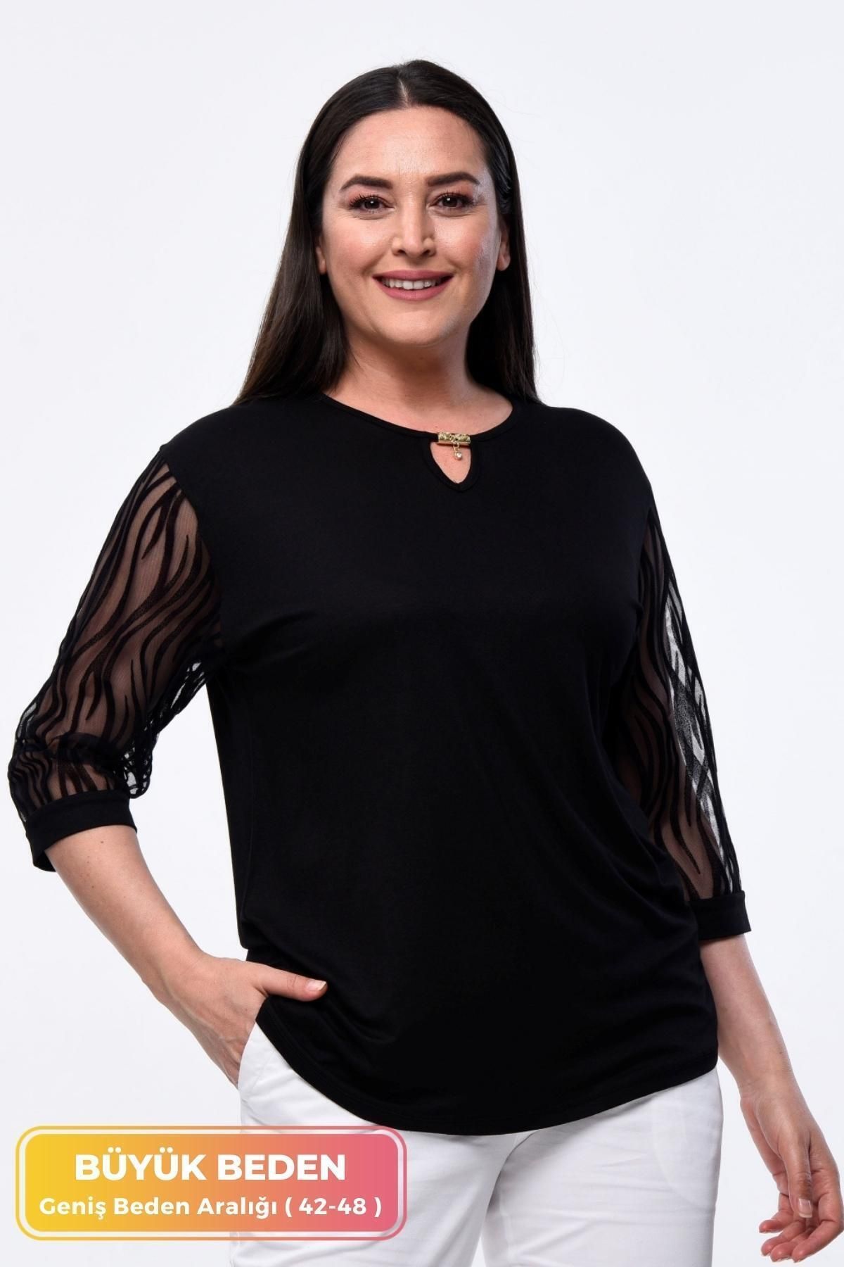 Büyük Beden Yeni Sezon Kolları Dantelli Abiye Model Kısa Kollu 4 Mevsim Tül Detaylı Anne Şık Bluz