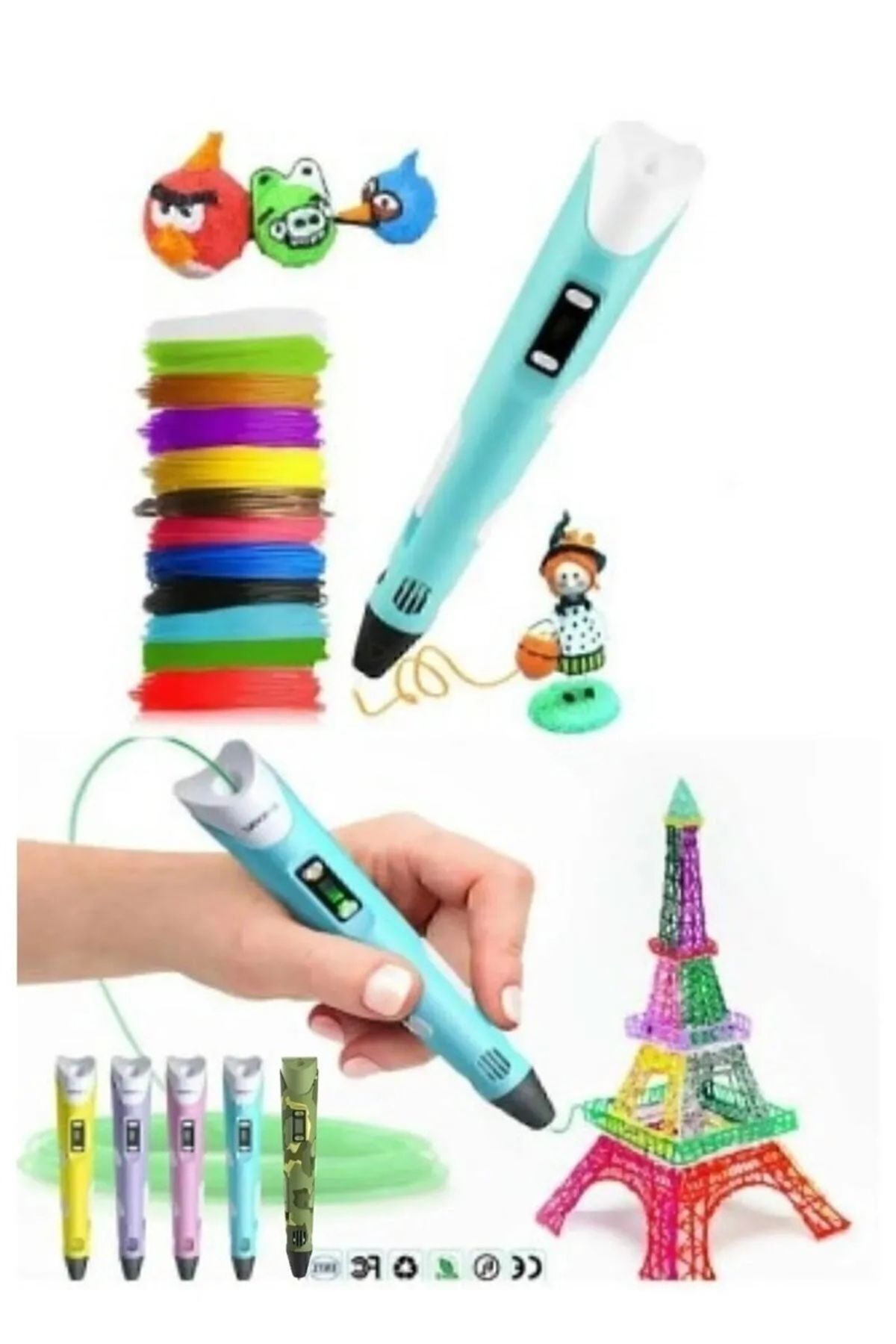 3d Kalem 3d Pen Üç Boyutlu Yazıcı Kalem Printer (3 ADET 3M FİLAMENT -9METRE-)