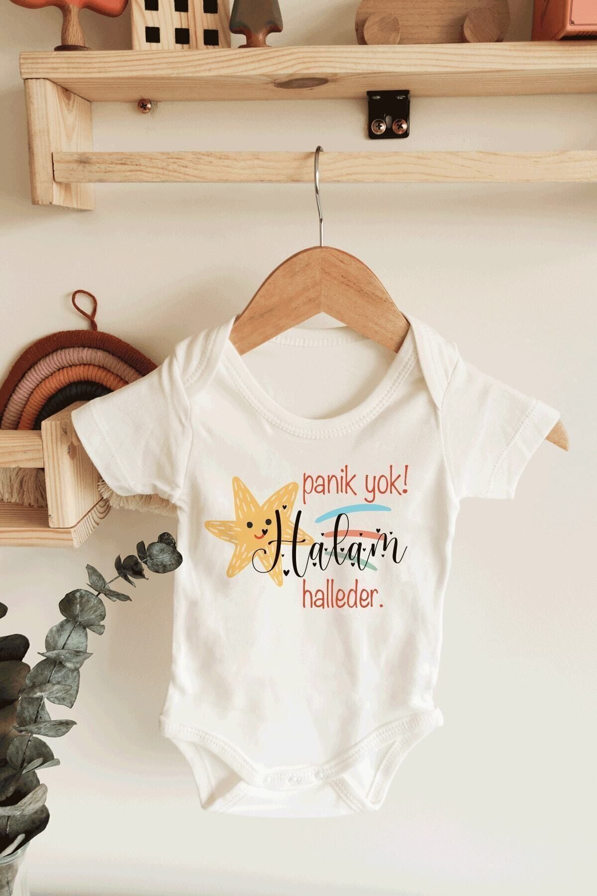 Bebek Beyaz Panik Yok Teyzem Halleder Yazılı Kısa Kol Organik Body