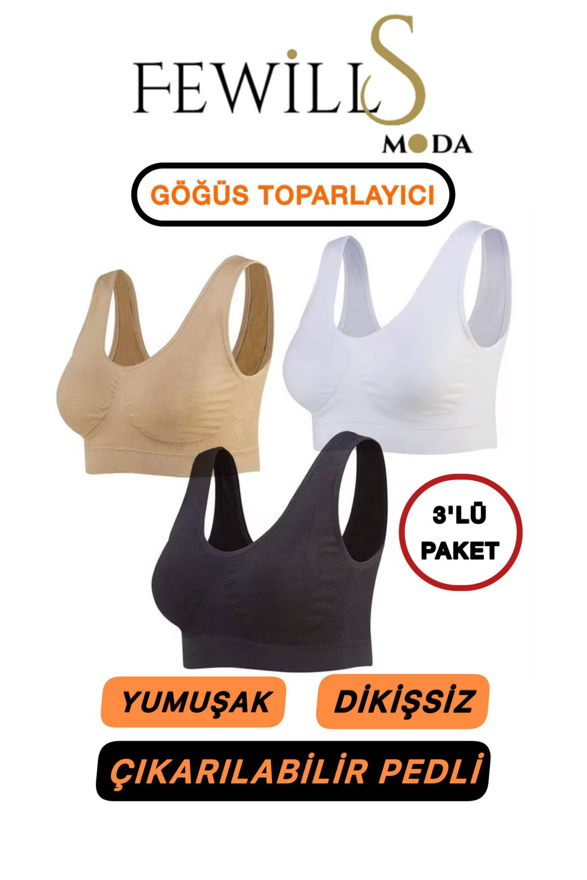 Toparlayıcı Sıkılaştırıcı Pedli Sütyen 3'lü (SİYAH-BEYAZ-TEN RENGİ)