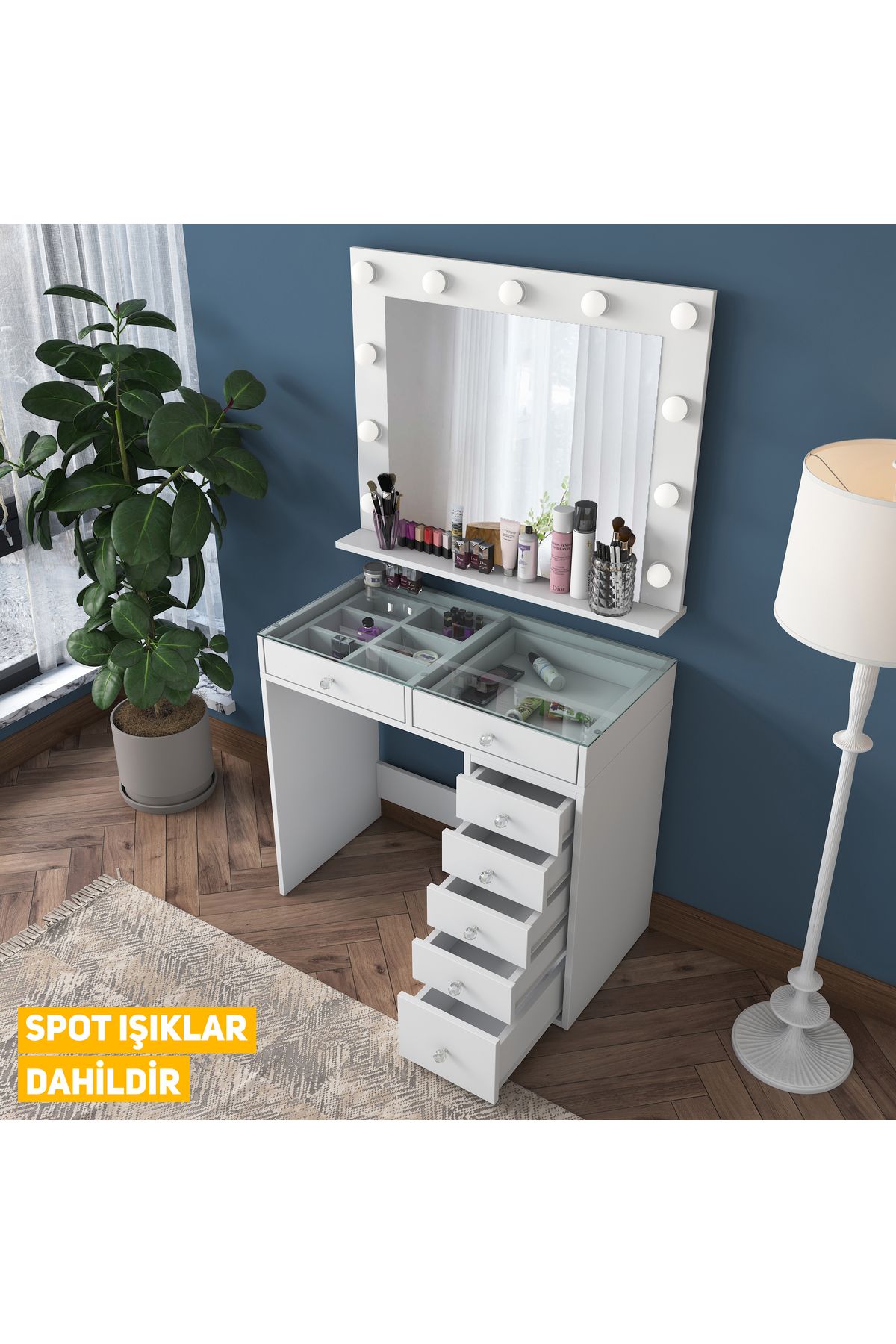Rani Bj117 Hollywood Işıklı Aynalı Kulis Makyaj Masası Cam Tablalı Takı Düzenleyici Beyaz