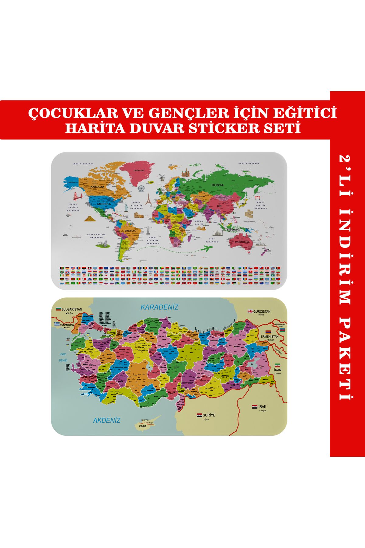 Eğitici Öğretici Dünya Ve Türkiye Haritası Çocuk Odası Duvar Sticker-3885