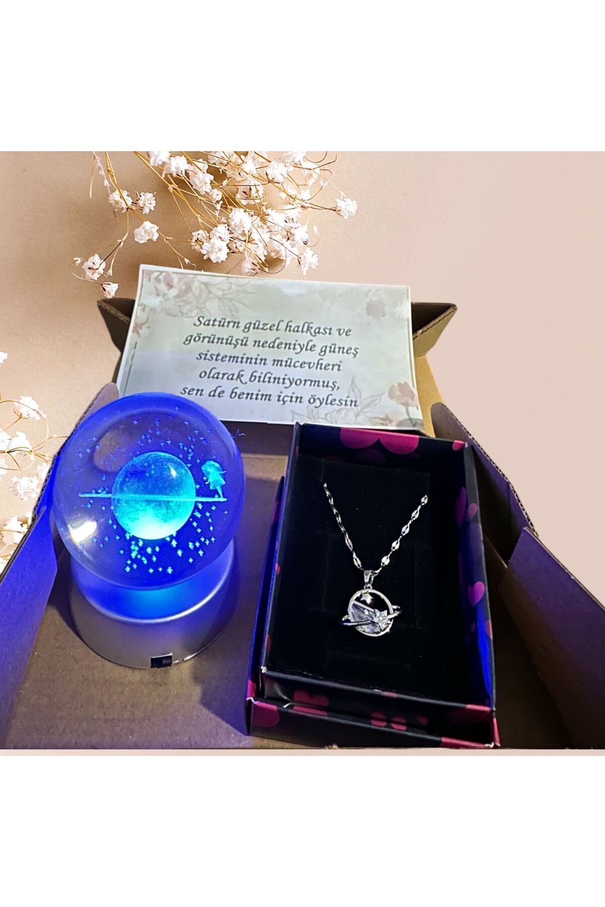 Renk Değiştiren Led Işıklı Cam Satürn Kız Küre Dolunay Lamba Kristal Top Ve Satürn Satürn Kolye