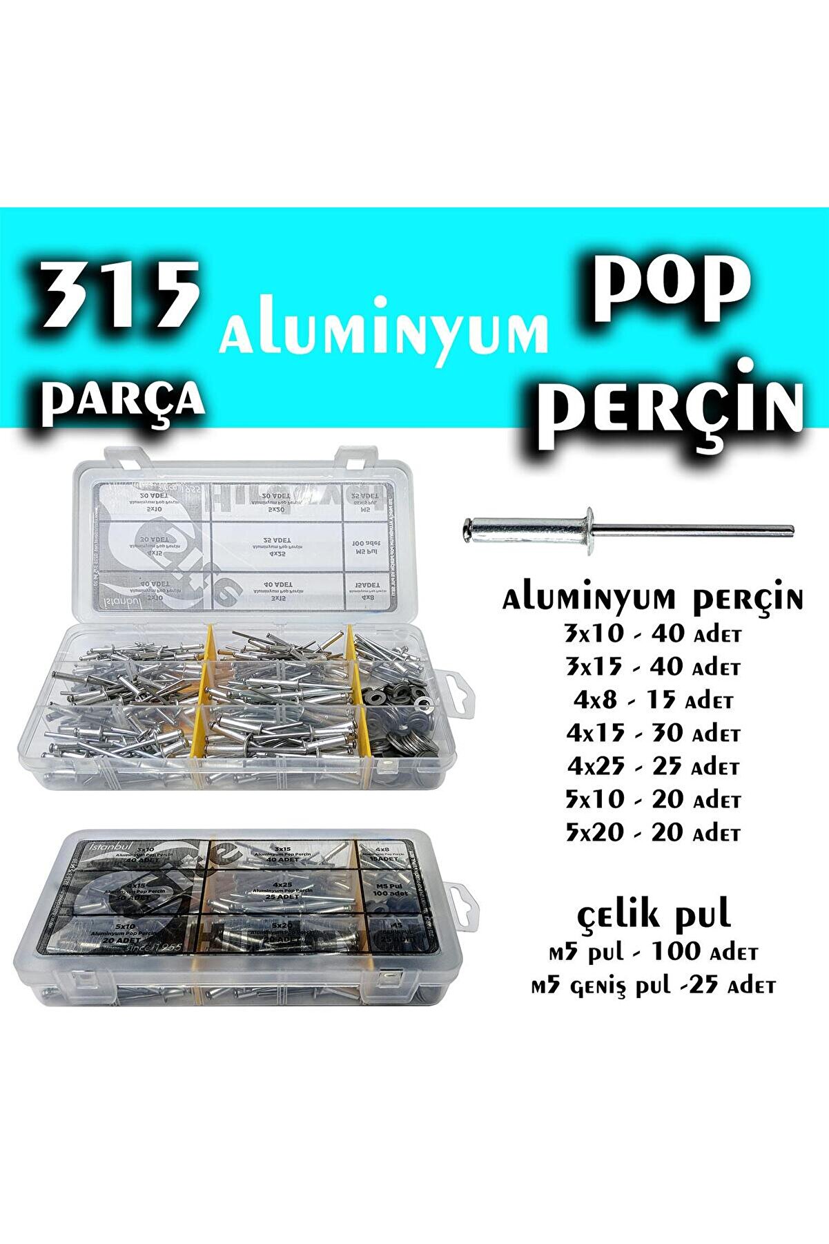 315 Parça Aluminyum Pop Perçin Seti