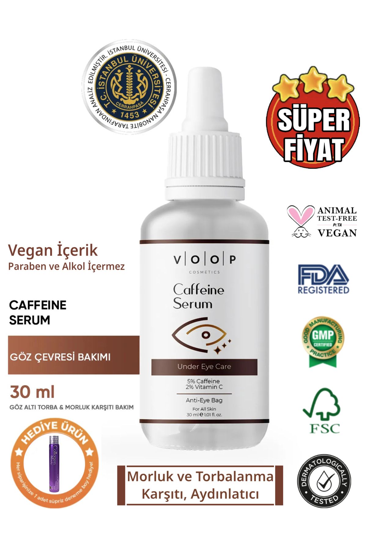 Kafein Serum 30 ml | Göz Altı Morlukları & Torbalanma Karşıtı | % 5 Caffeine, % 2 Vitamin C