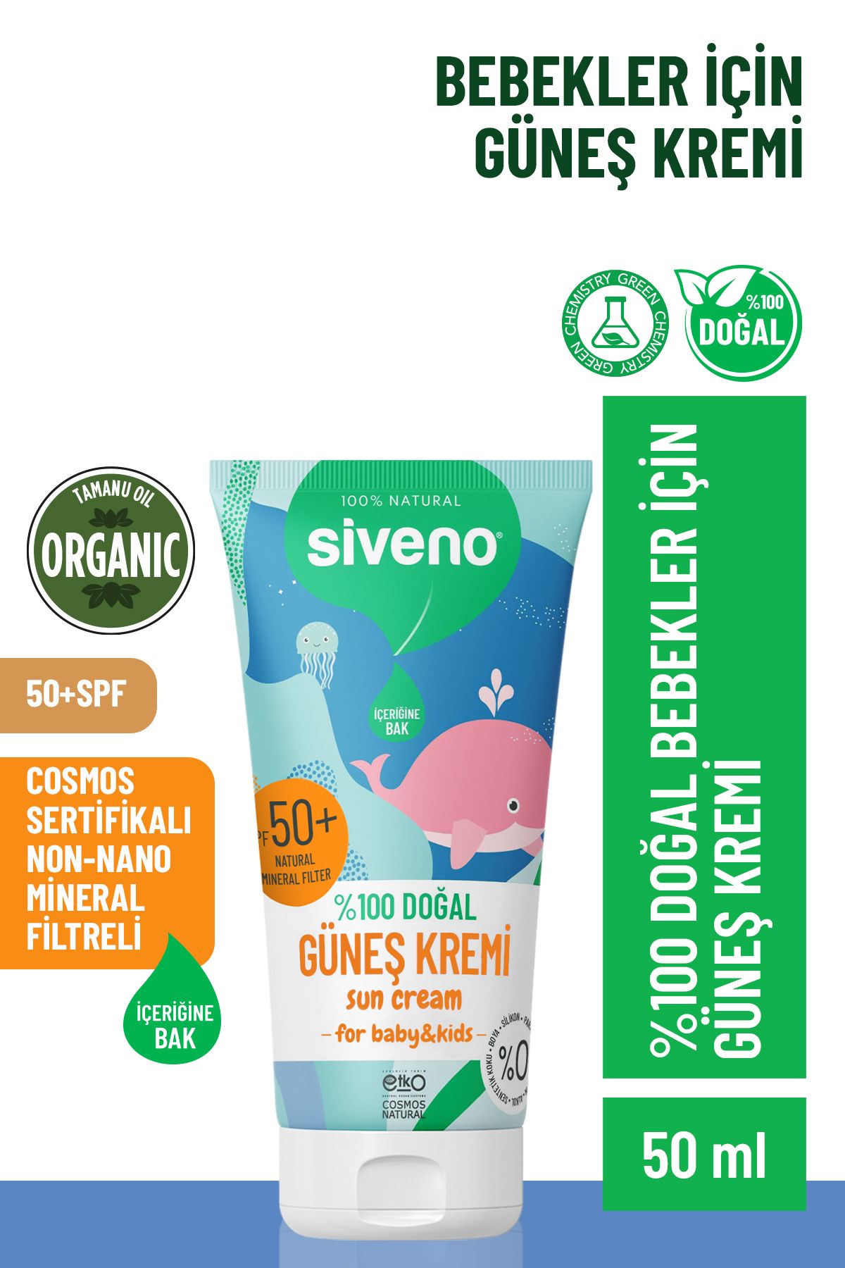%100 Doğal Bebek Güneş Kremi Leke Karşıtı Antioksidan Nemlendirici Bitkisel UVA UVB SPF 50+ 50 ml