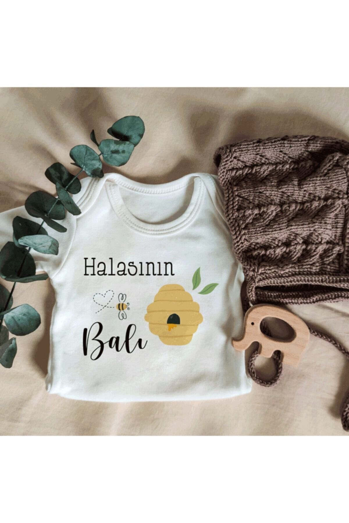 Unisex Halasının Balı Yazılı Kısa Kol Organik Bebek Body Zıbın