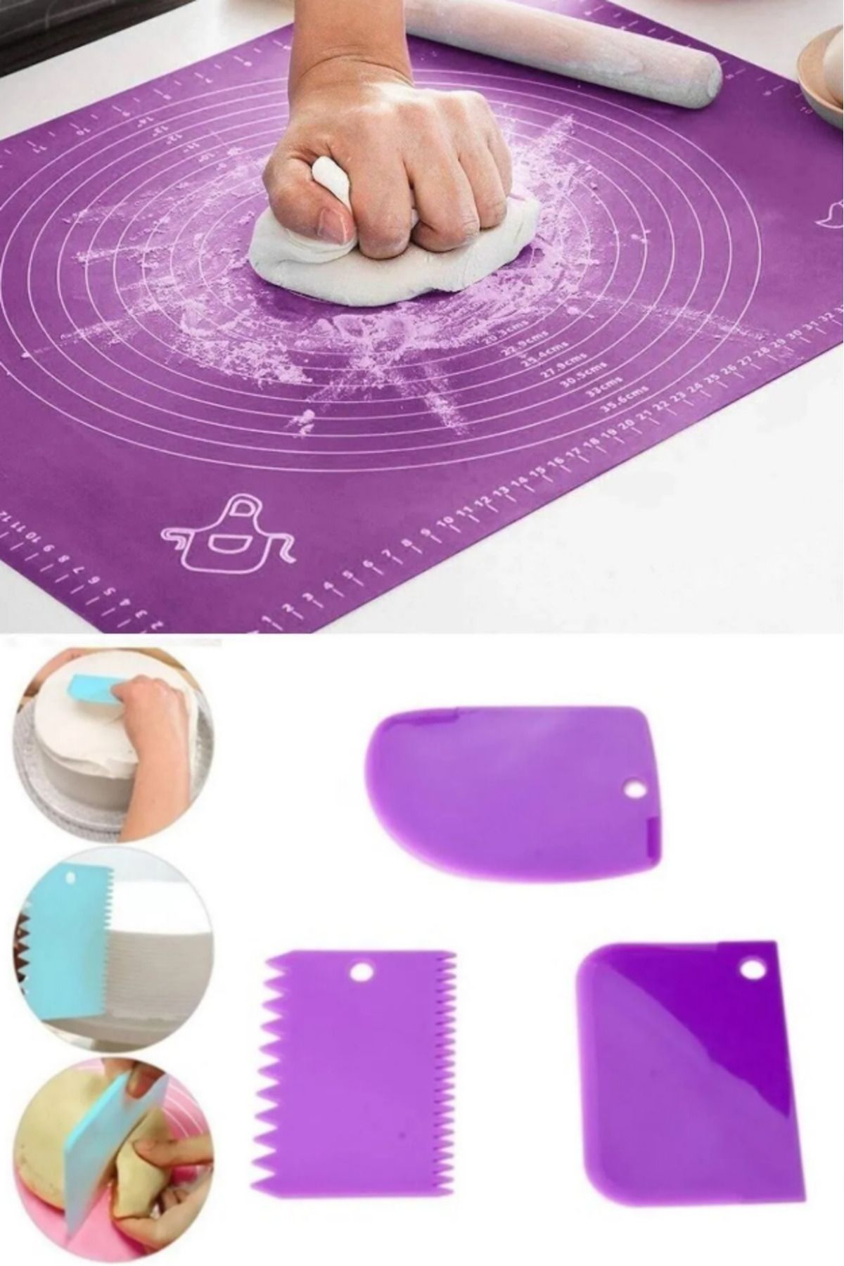 2'li Set 40x50 Cm Silikon Hamur Açma Matı Ve 3'lü Hamur Kesici Kazıyıcı Set